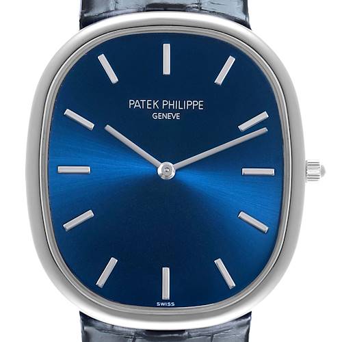 The Patek Philippe Golden Ellipse 5738P-001 Men's Platinum Blue Dial is shown from the front, highlighting its blue dial, silver markers, and side crown.