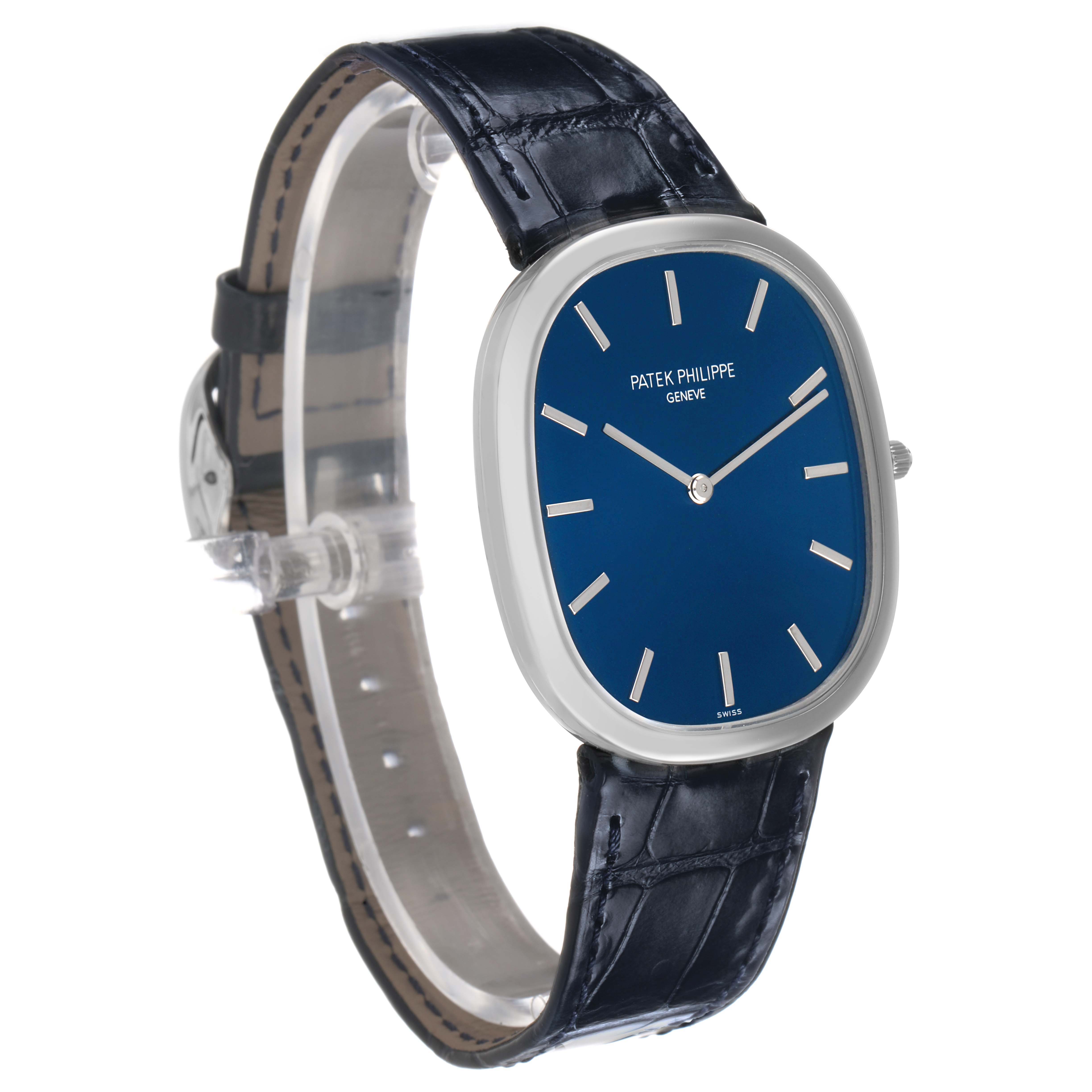 The Patek Philippe Golden Ellipse 5738P-001 Men's Platinum Blue Dial watch is shown at a side angle, highlighting its blue dial, case, and leather strap.