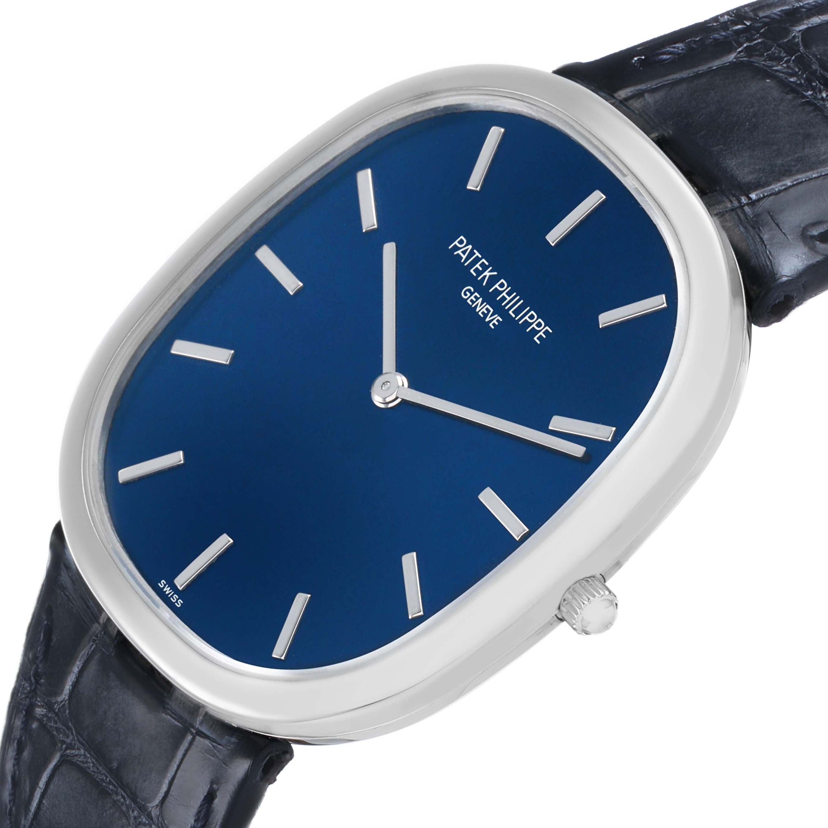 The Patek Philippe Golden Ellipse 5738P-001 Men's Platinum Blue Dial watch is shown at a slight angle, highlighting its blue dial, elliptical case, and strap.
