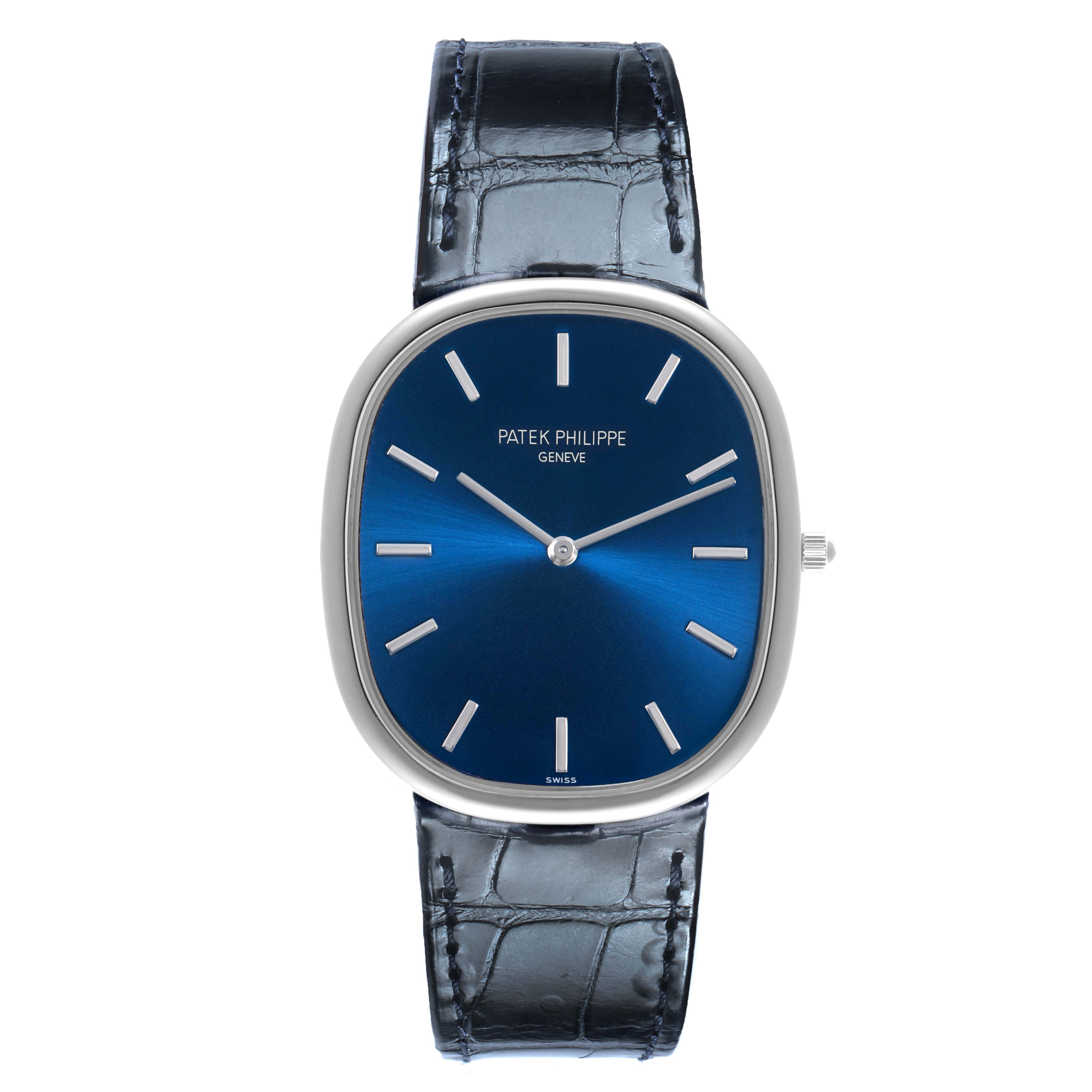 The Patek Philippe Golden Ellipse 5738P-001 Men's Platinum Blue Dial is shown from a front view, highlighting its oval blue dial and leather strap.