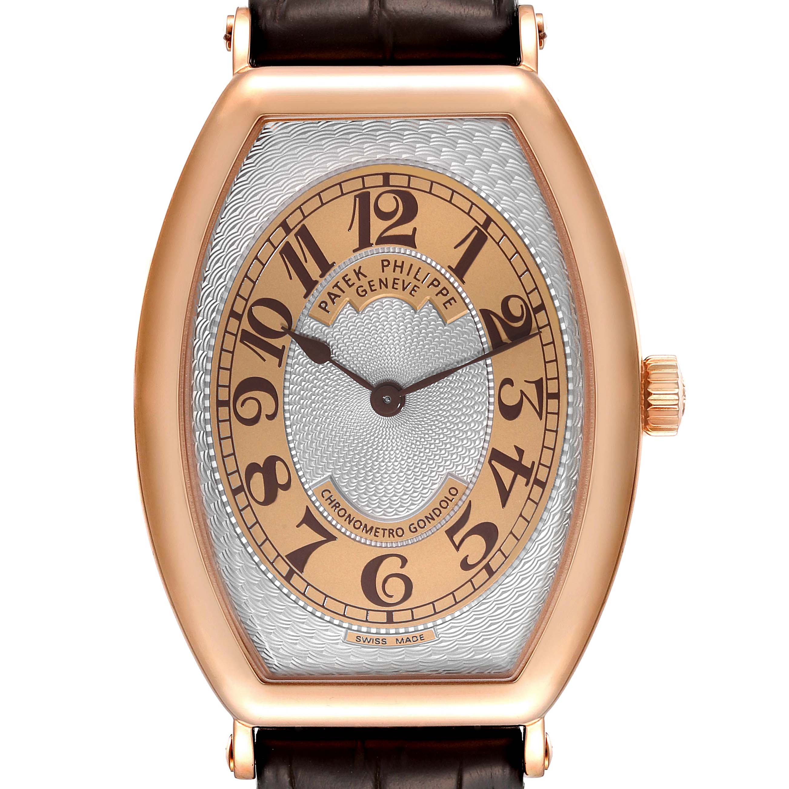 The image shows a front view of the Patek Philippe Gondolo 5098R Men
s Rose Gold Silver Dial 5098R Men
s Rose Gold Silver Dial watch, highlighting its dial, crown, and leather strap.