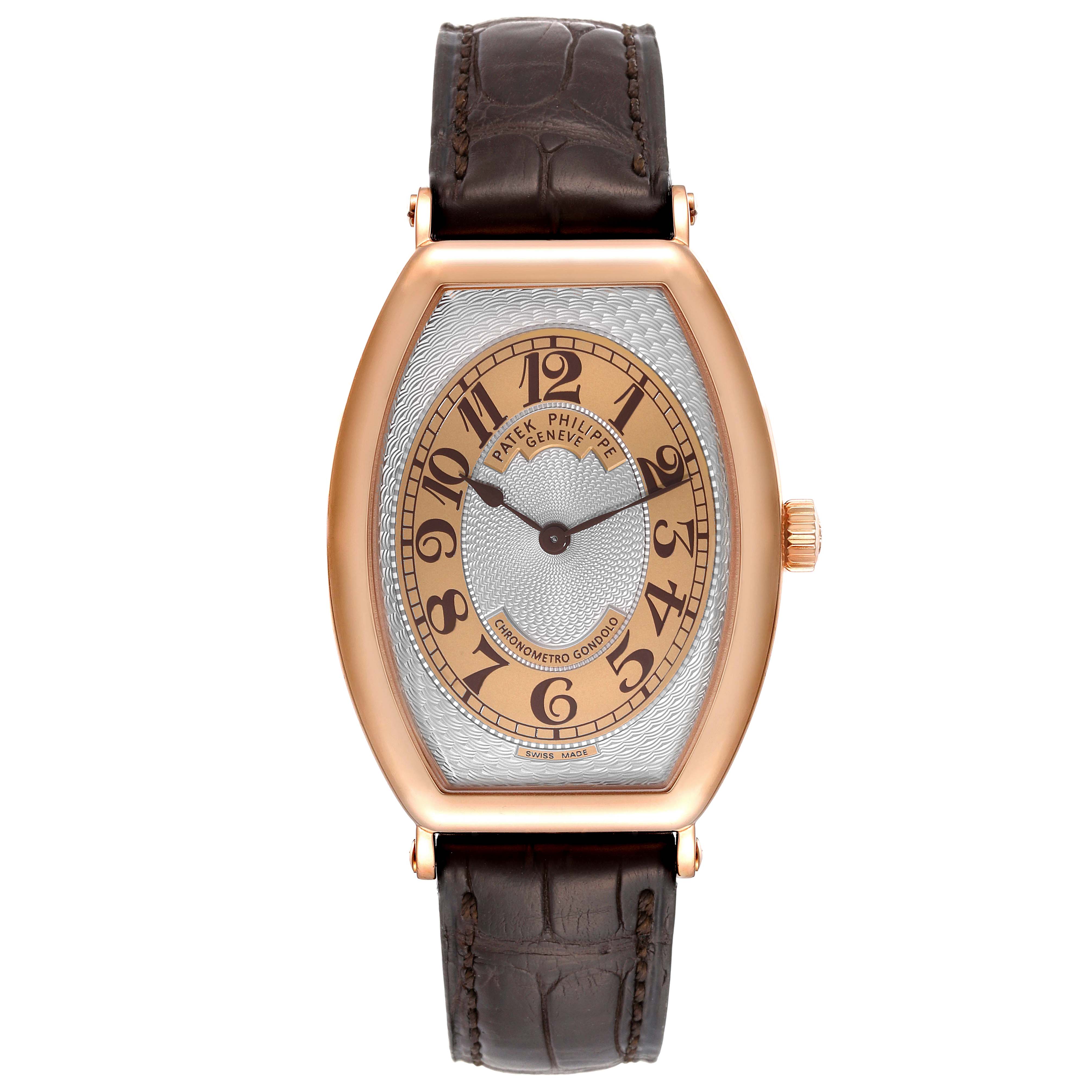 This Patek Philippe Gondolo 5098R Men
s Rose Gold Silver Dial 5098R Men
s Rose Gold Silver Dial watch is shown from a front angle, displaying its dial, case, and leather strap.