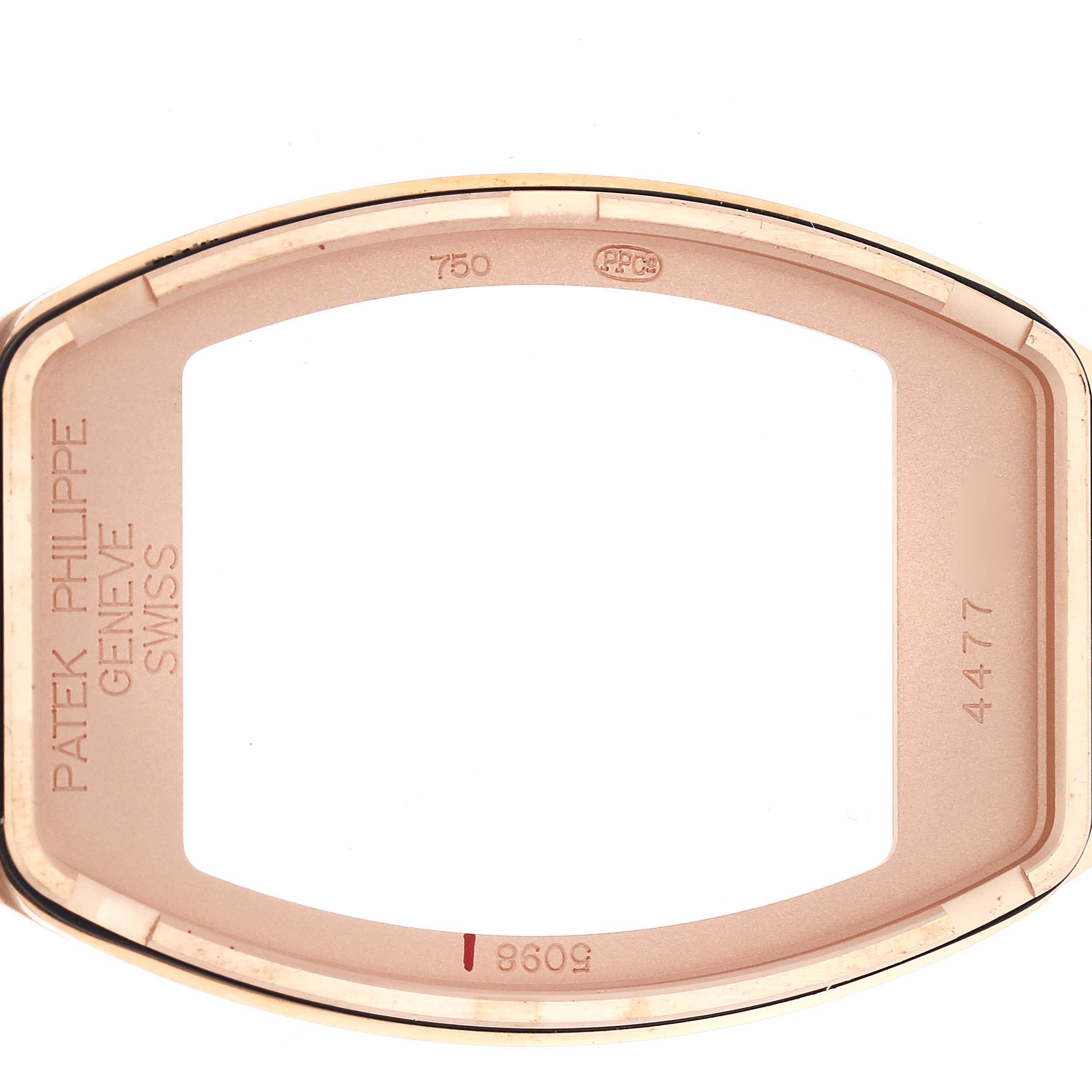 This image shows a close-up of the case frame for the Patek Philippe Gondolo 5098R Men
s Rose Gold Silver Dial 5098R Men
s Rose Gold Silver Dial watch.