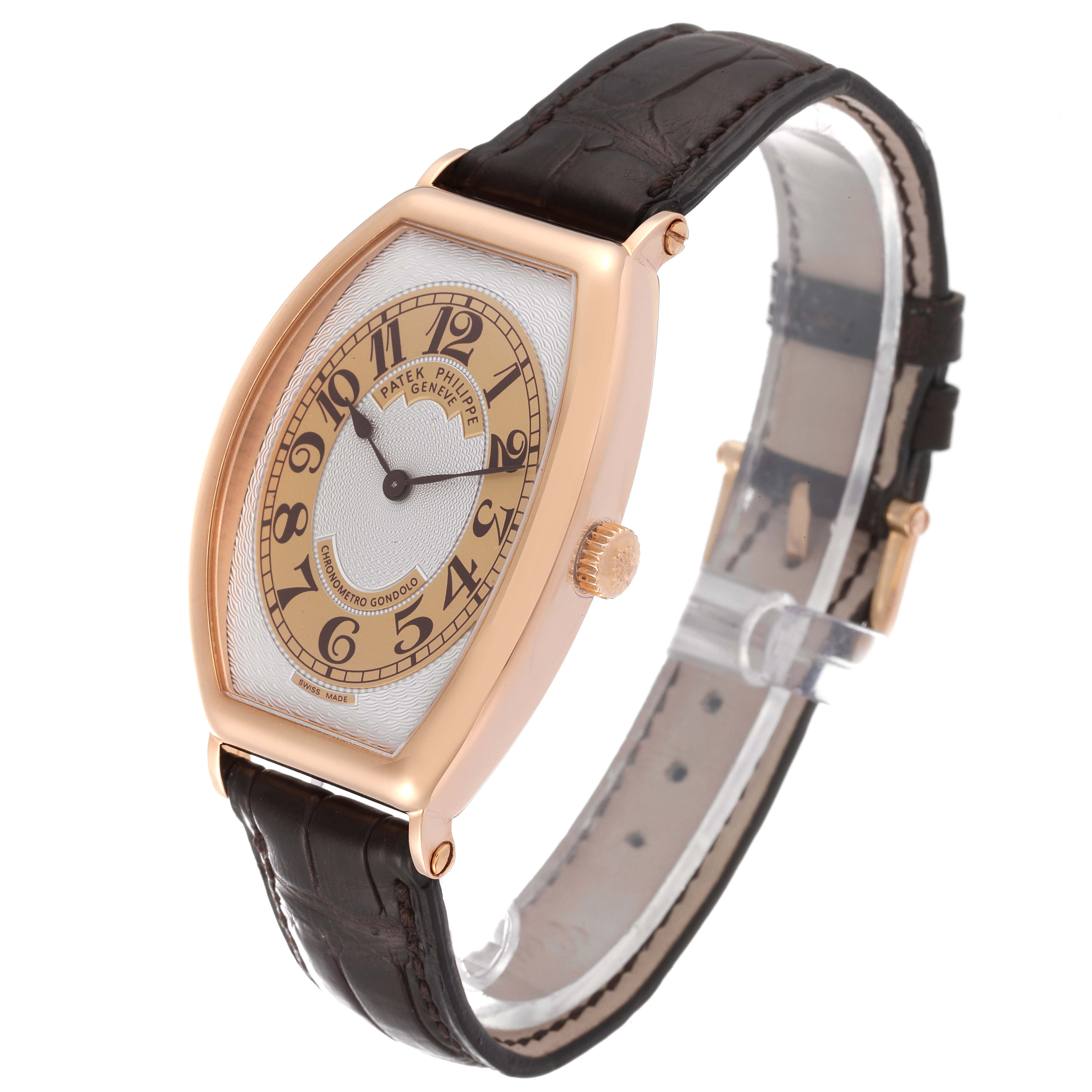 The image shows a Patek Philippe Gondolo 5098R Men
s Rose Gold Silver Dial 5098R Men
s Rose Gold Silver Dial watch angled to display the face, case, bezel, crown, and strap.