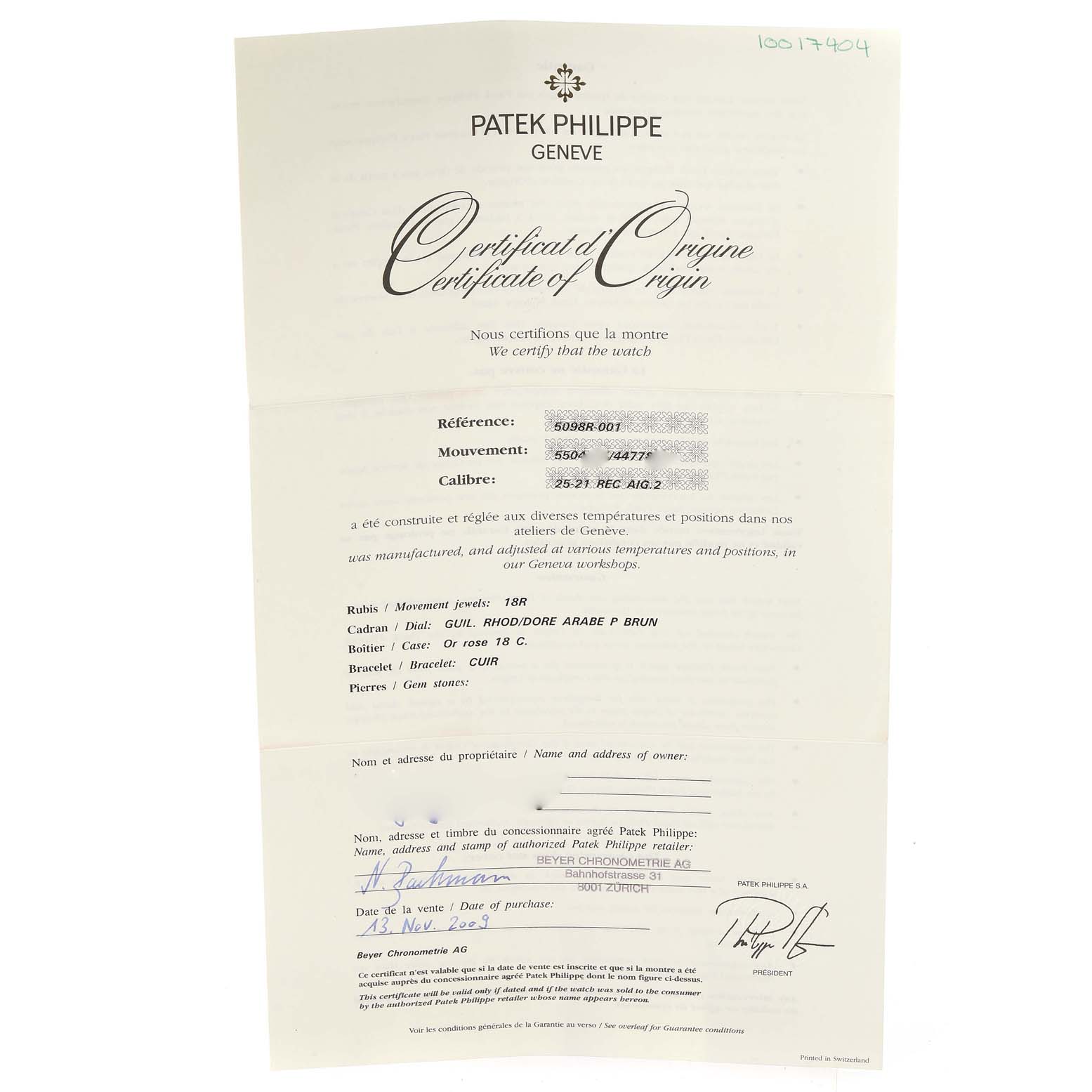 The image shows the Certificate of Origin for a Patek Philippe Gondolo 5098R Men
s Rose Gold Silver Dial 5098R Men
s Rose Gold Silver Dial watch, displaying reference, movement, and caliber details.