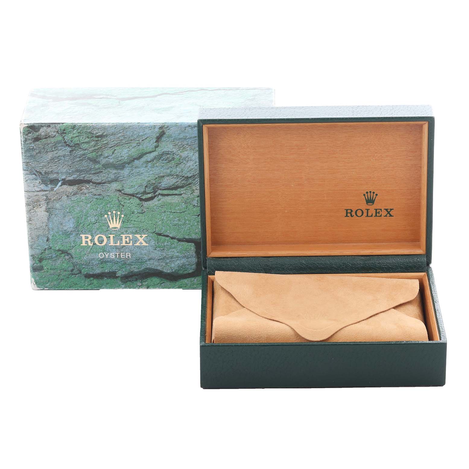 The image shows the packaging of a Rolex Air-King 14000 Men's Stainless Steel Blue Dial 14000 Men's Stainless Steel Blue Dial, including an open wooden box and an outer box with a green texture.