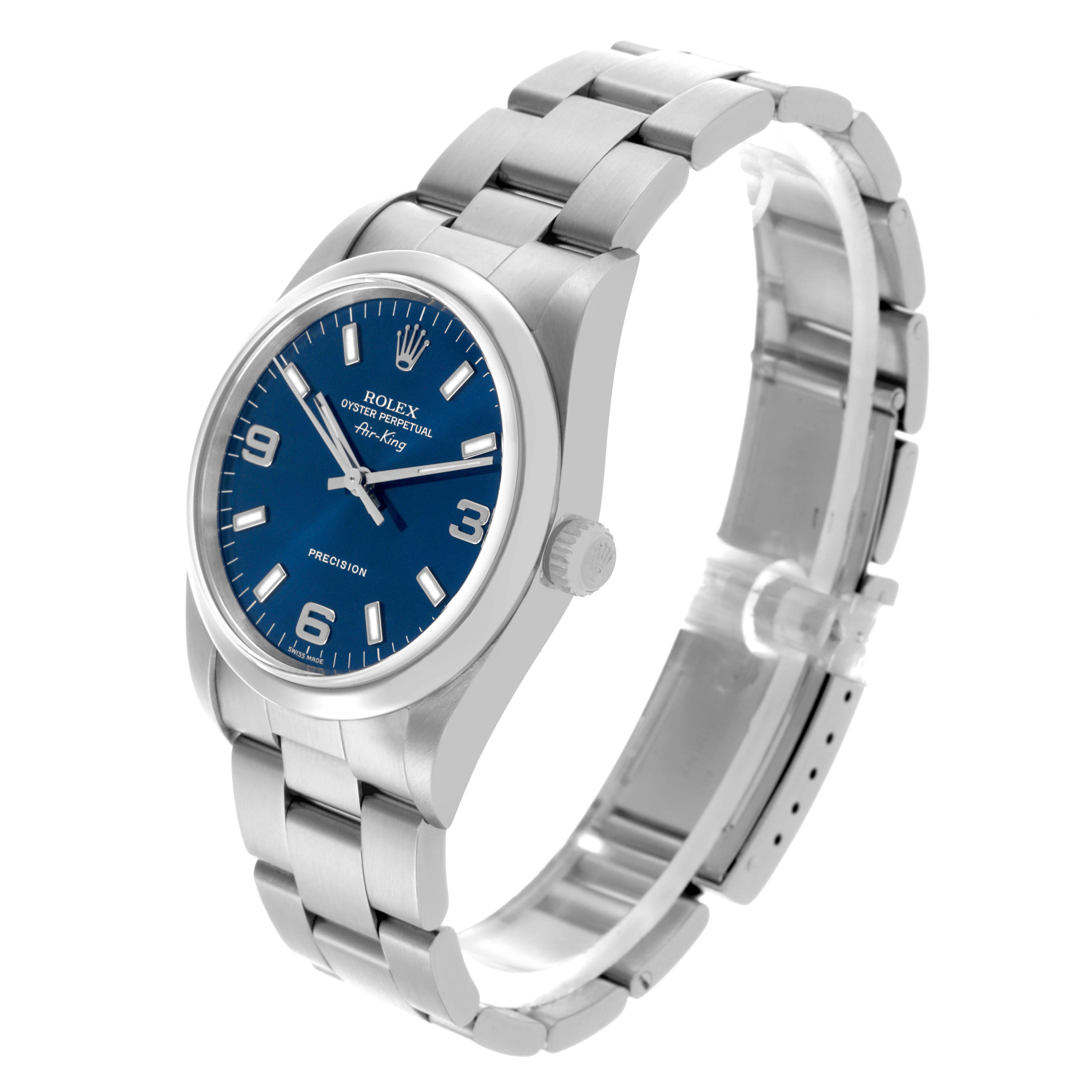 The Rolex Air-King 14000 Men's Stainless Steel Blue Dial 14000 Men's Stainless Steel Blue Dial watch is shown at a three-quarter angle, showcasing the face, case, bracelet, and crown.