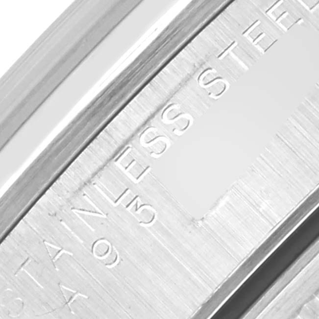 The image shows a close-up of a Rolex Air-King 14000 Men's Stainless Steel Blue Dial 14000 Men's Stainless Steel Blue Dial watch's stainless steel case, focusing on the engraved markings.