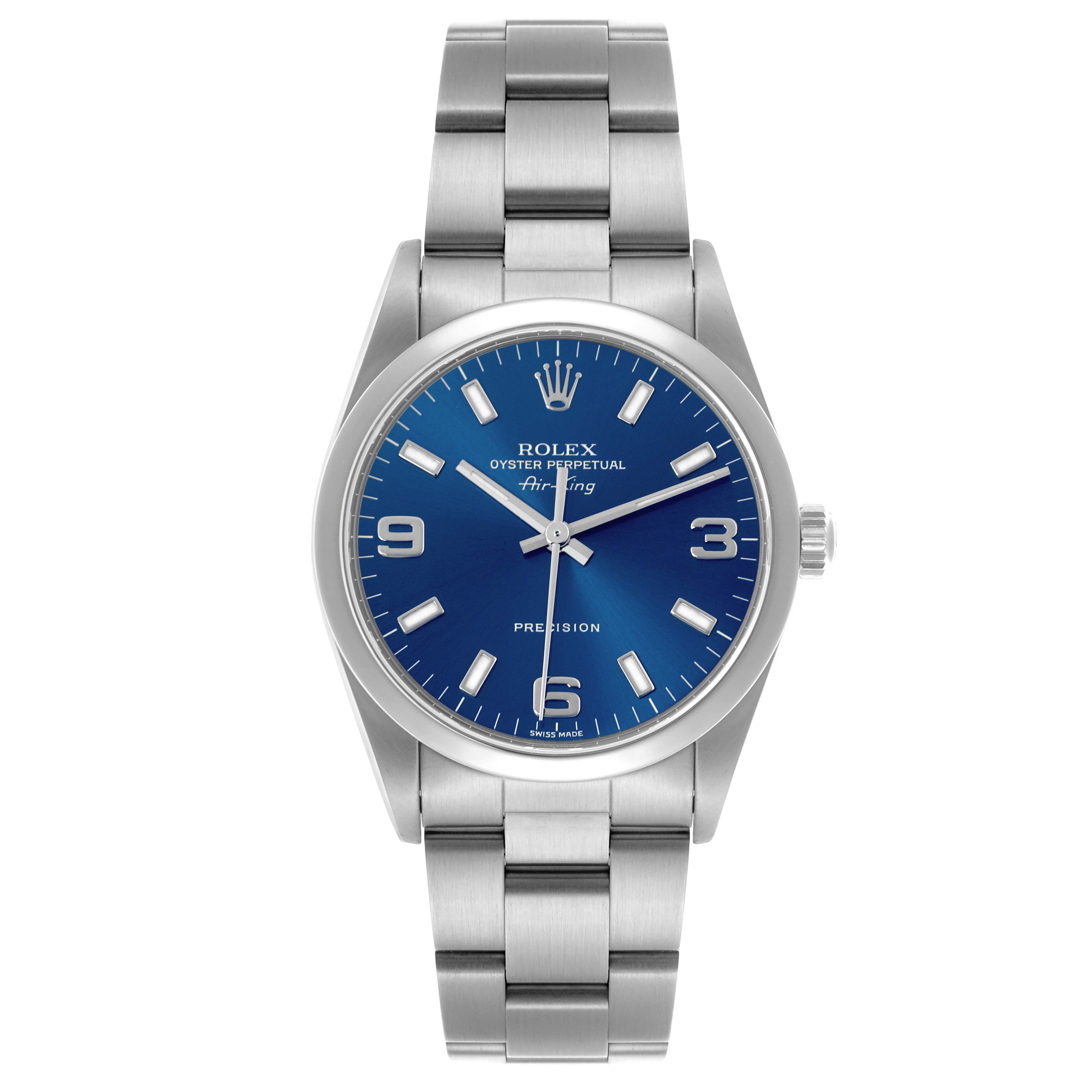 The image shows a Rolex Air-King 14000 Men's Stainless Steel Blue Dial 14000 Men's Stainless Steel Blue Dial watch from a front angle, displaying its blue dial and full bracelet.