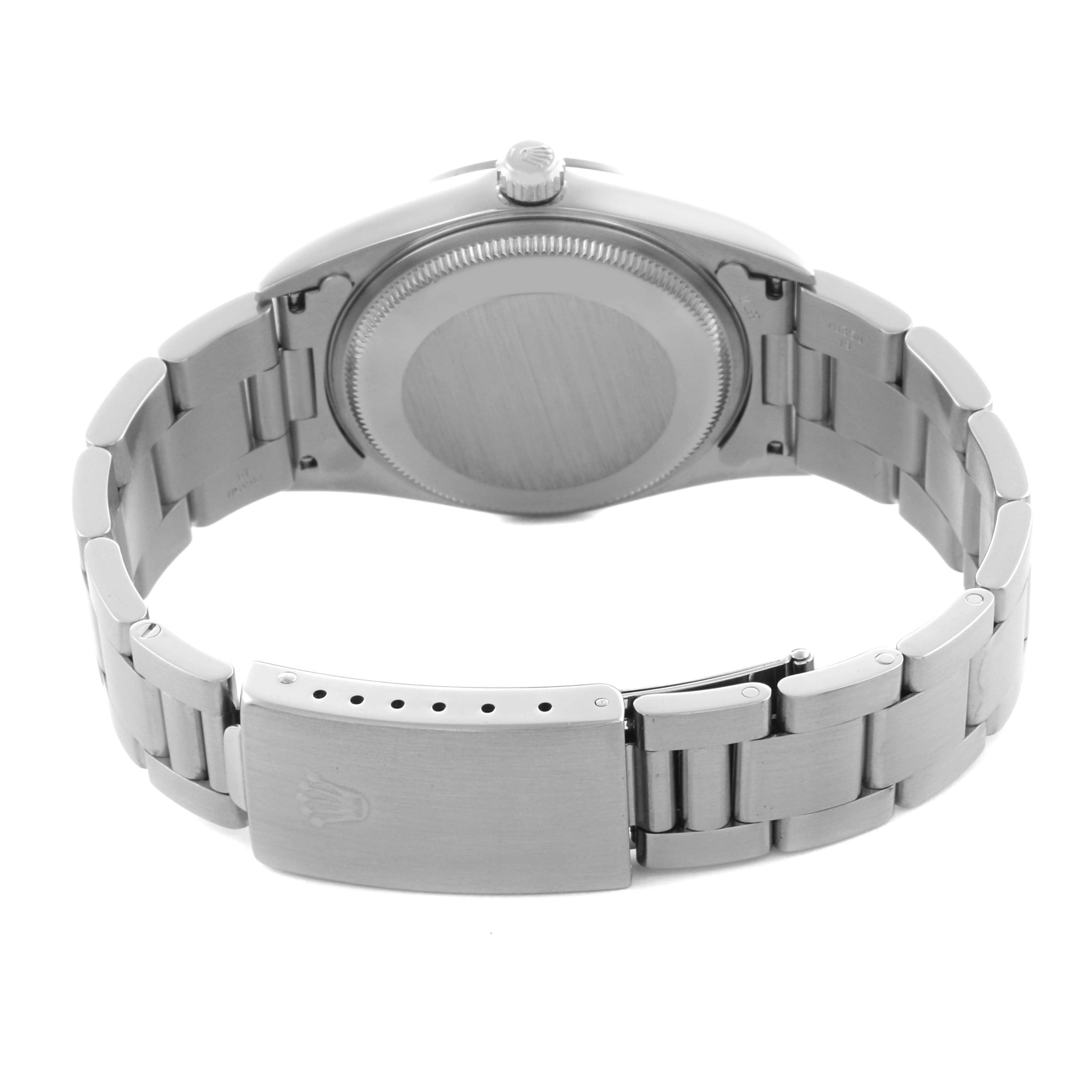 The image shows the back view of a Rolex Air-King 14000 Men's Stainless Steel Blue Dial 14000 Men's Stainless Steel Blue Dial watch, highlighting the bracelet and clasp.