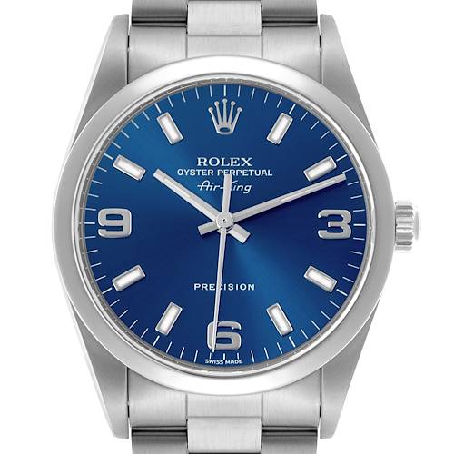 The image shows a front view of a Rolex Air-King watch, highlighting the blue dial, hour markers, and stainless steel bracelet.