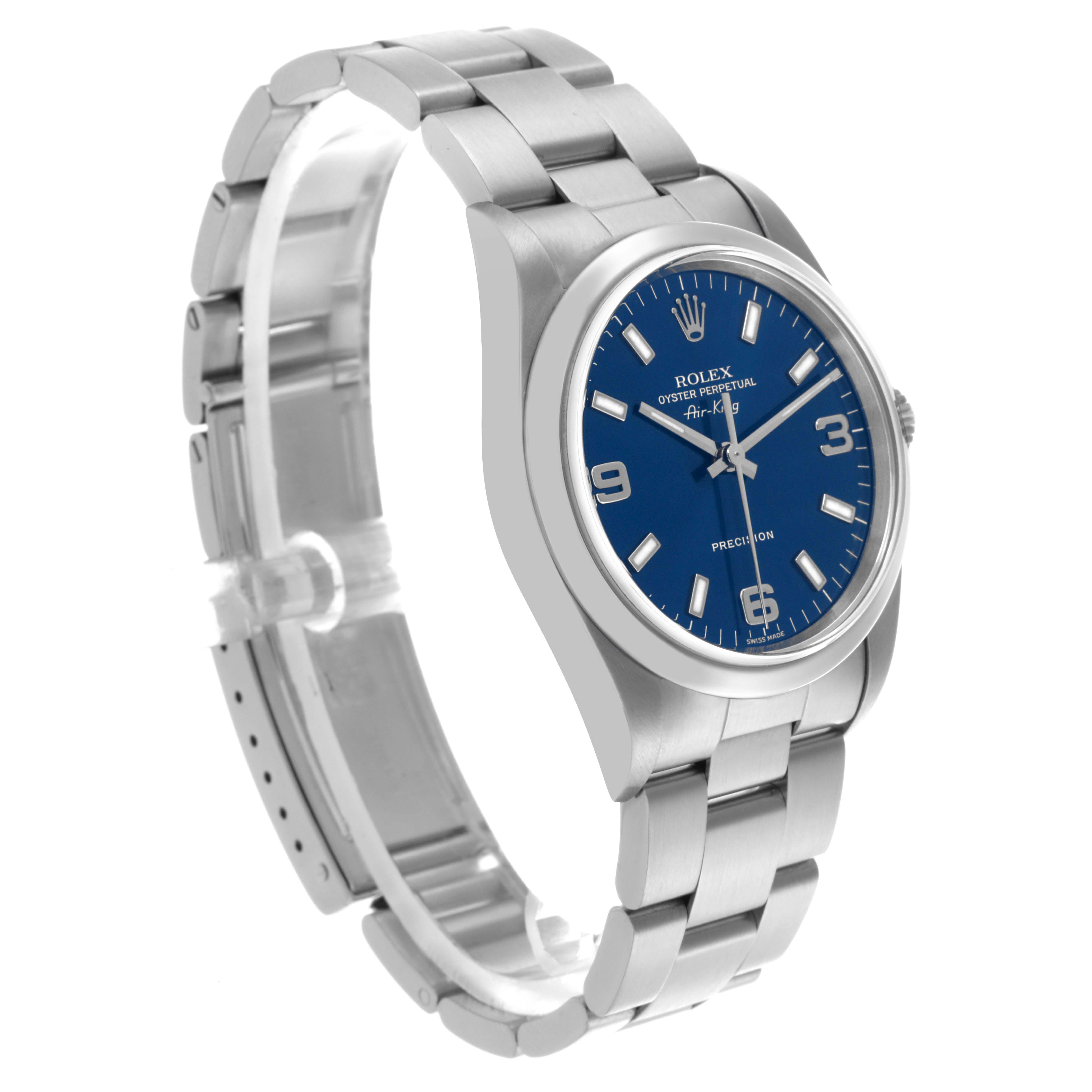 The image shows a Rolex Air-King 14000 Men's Stainless Steel Blue Dial 14000 Men's Stainless Steel Blue Dial watch at a three-quarter angle, highlighting the blue dial, bezel, and metal bracelet.