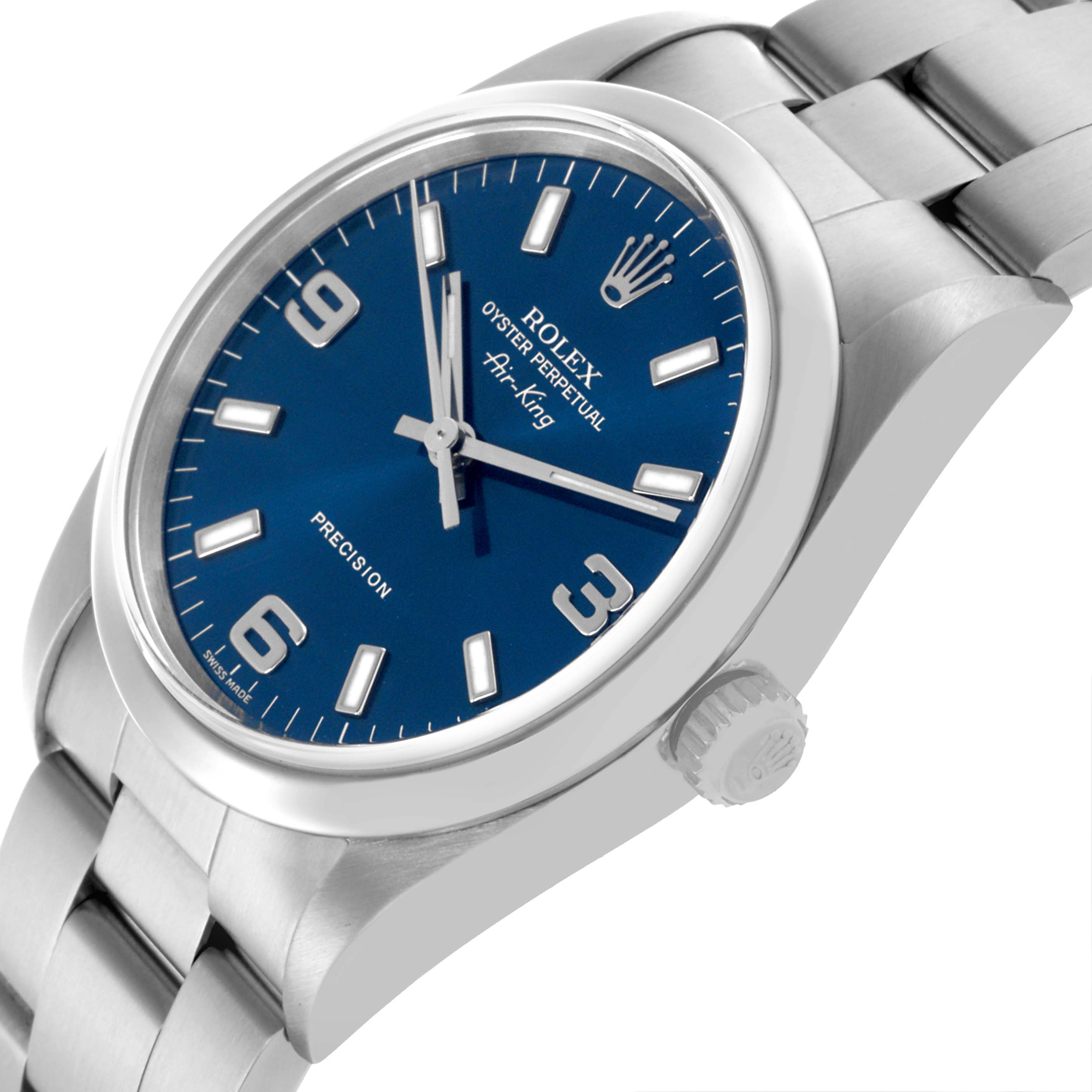 The Rolex Air-King 14000 Men's Stainless Steel Blue Dial 14000 Men's Stainless Steel Blue Dial watch is shown at a side angle, highlighting the face, crown, and part of the bracelet.