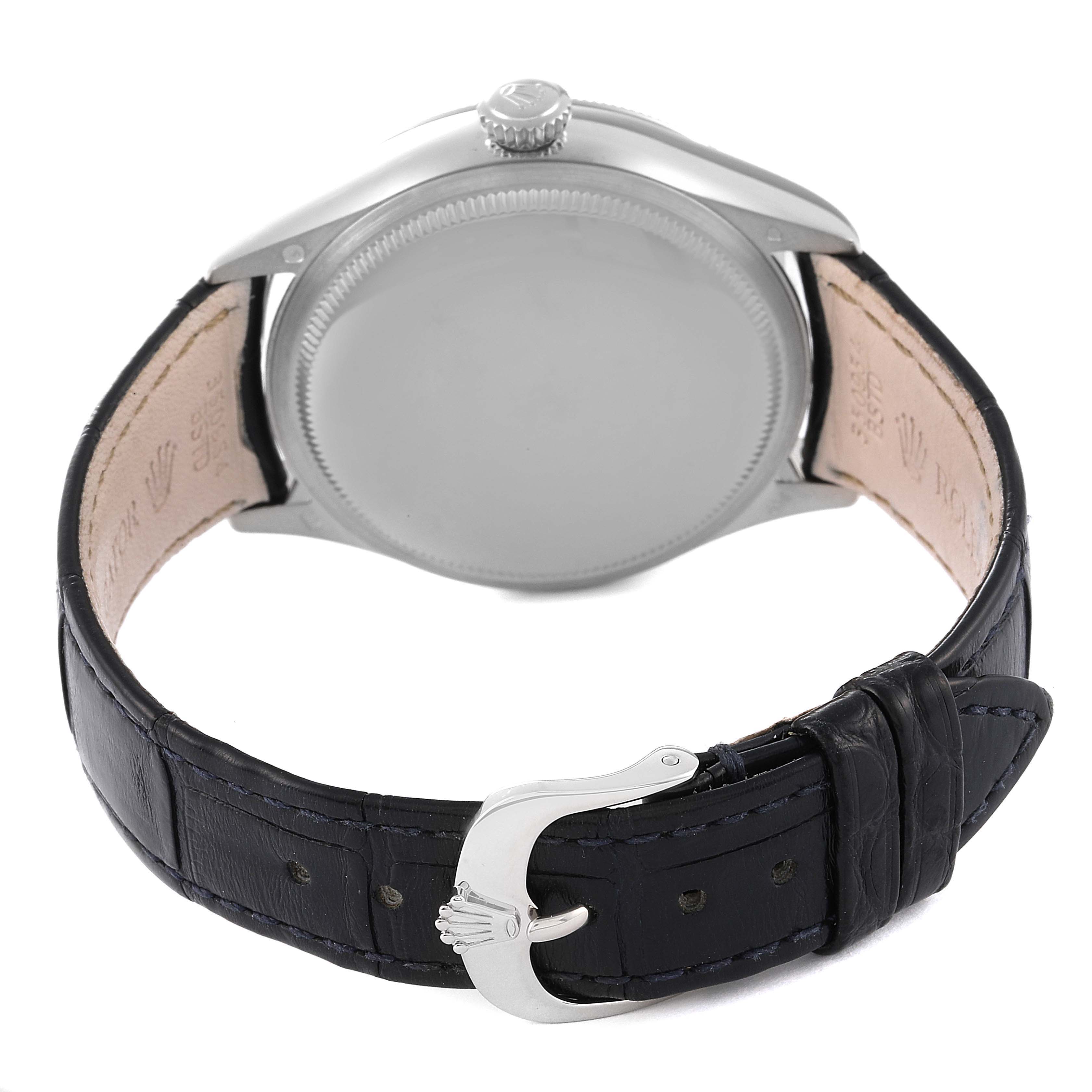 The image shows the back and side of a Rolex Cellini 50519 Men's White Gold Blue Dial 50519 Men's White Gold Blue Dial watch, highlighting its leather strap and clasp.