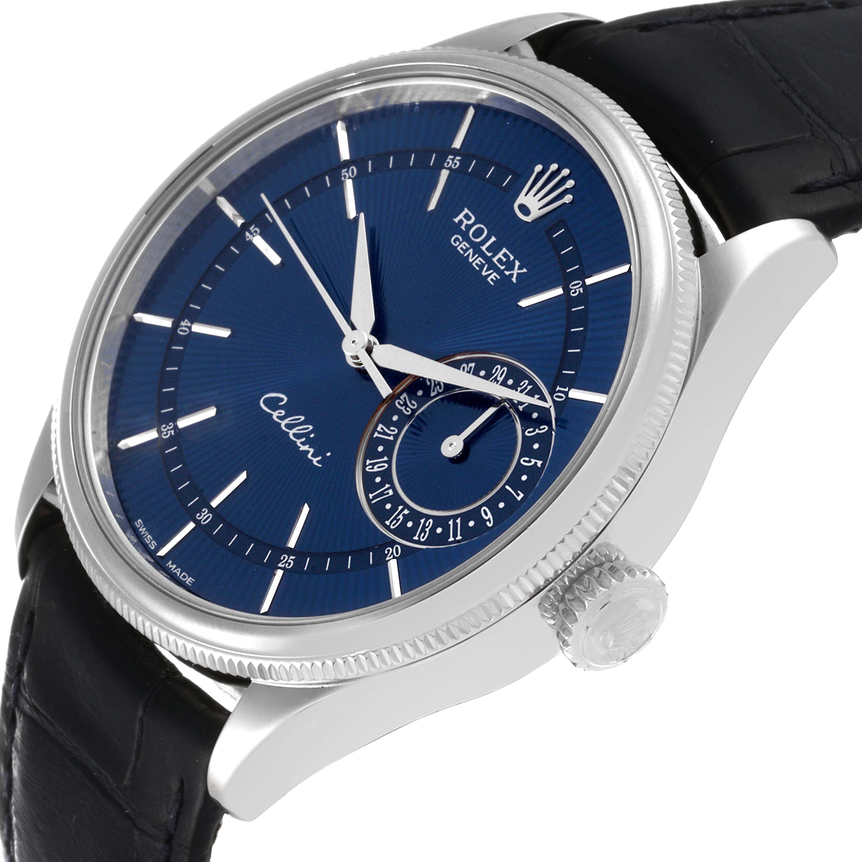 This image shows a Rolex Cellini 50519 Men's White Gold Blue Dial 50519 Men's White Gold Blue Dial watch from a slightly angled side view, highlighting its blue dial, crown, and leather strap.