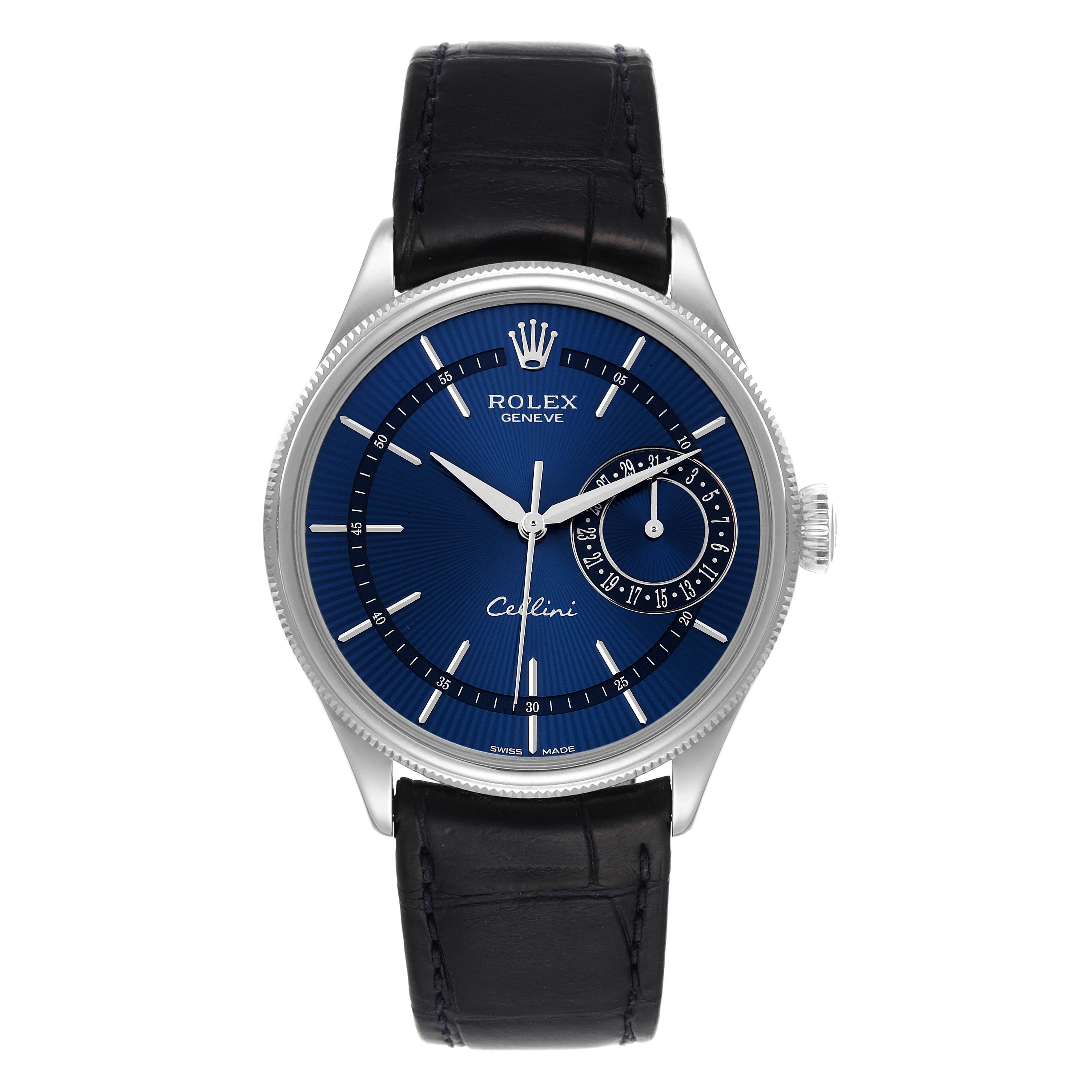 This image shows a frontal view of a Rolex Cellini 50519 Men's White Gold Blue Dial 50519 Men's White Gold Blue Dial watch, featuring its face, bezel, crown, and leather strap.
