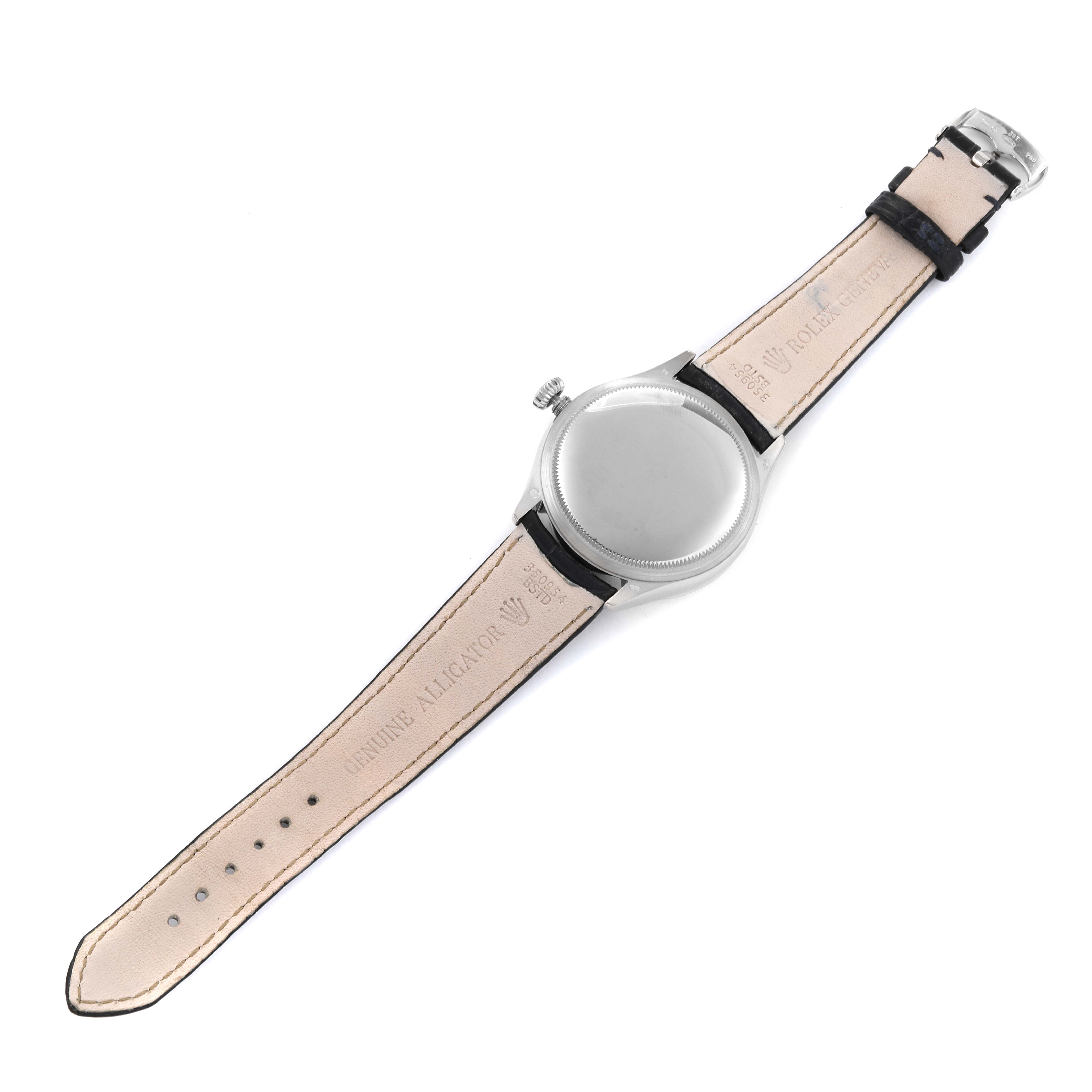 The image shows the backside of a Rolex Cellini 50519 Men's White Gold Blue Dial 50519 Men's White Gold Blue Dial watch and its leather strap laid flat.