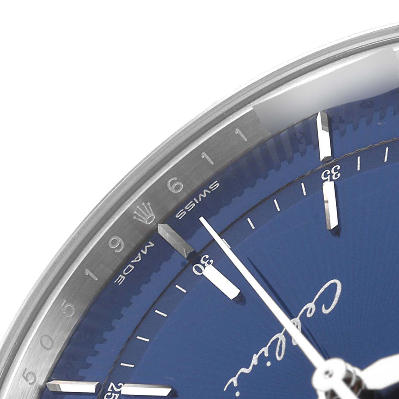 The close-up angle shows the face, partial bezel, and hands of the Rolex Cellini 50519 Men's White Gold Blue Dial 50519 Men's White Gold Blue Dial watch, with "Cellini" and "Swiss Made" text visible.