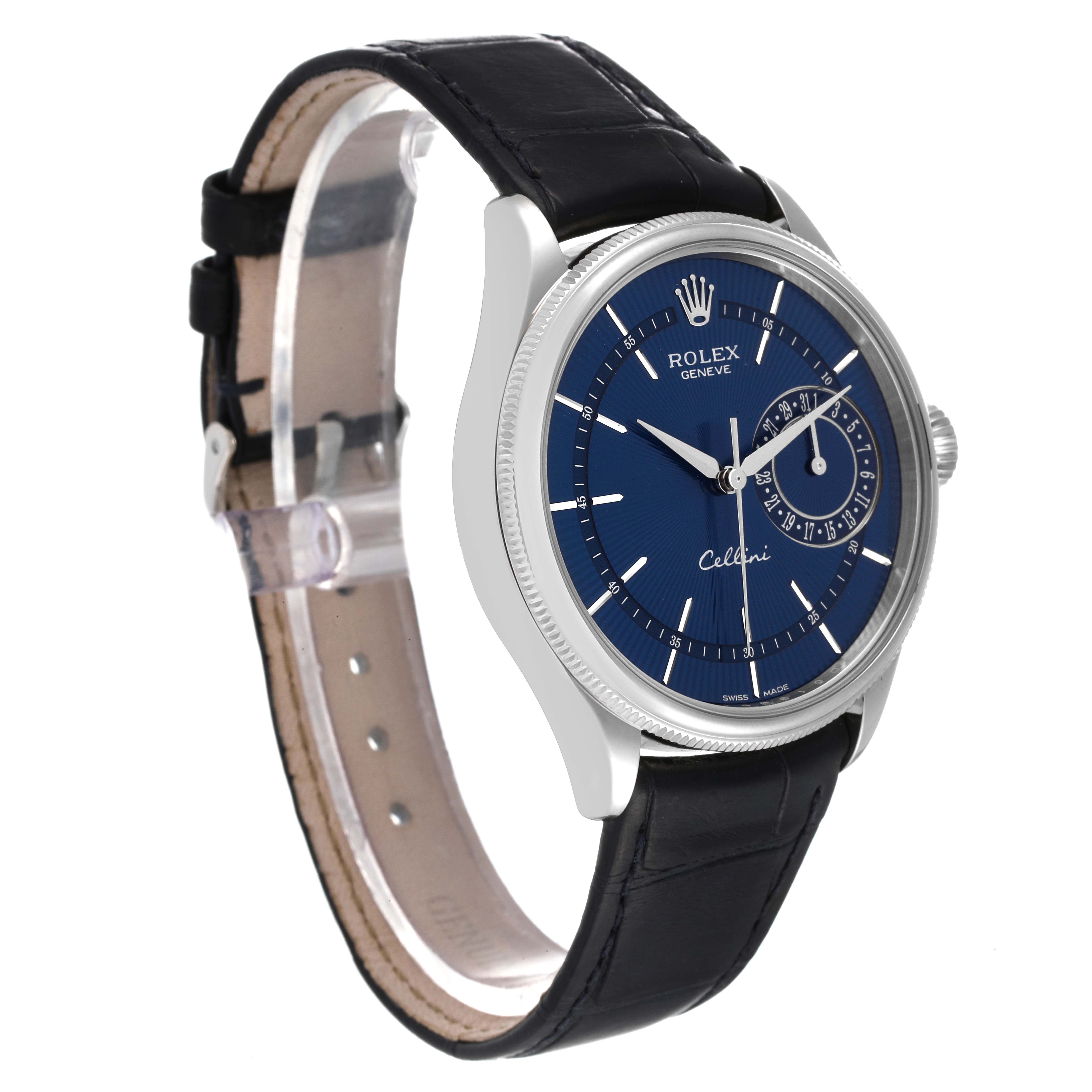 The Rolex Cellini 50519 Men's White Gold Blue Dial 50519 Men's White Gold Blue Dial watch is shown at an angle highlighting its blue dial, leather strap, and side of the casing.