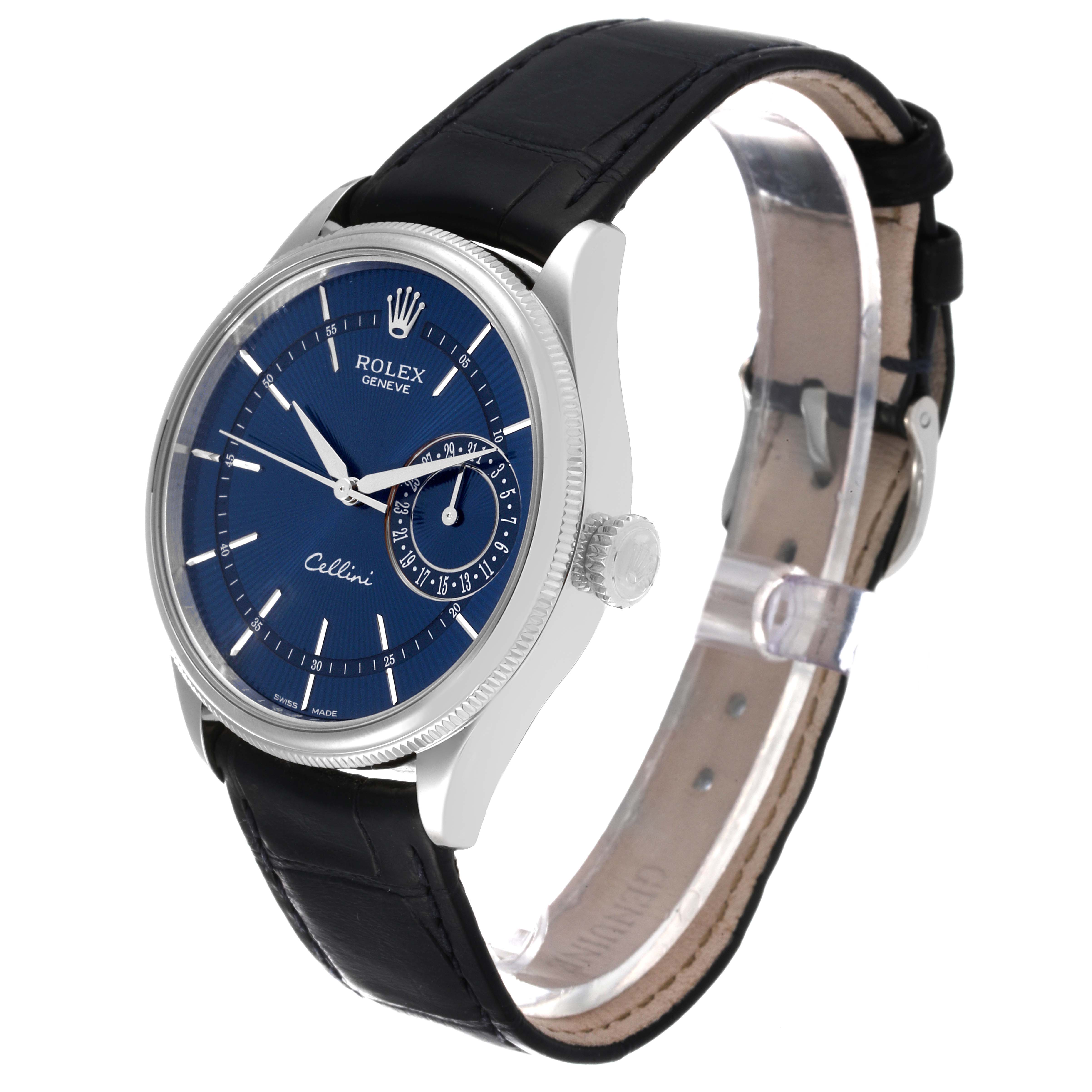 The image shows a Rolex Cellini 50519 Men's White Gold Blue Dial 50519 Men's White Gold Blue Dial watch at a side angle, displaying the face, crown, and black leather strap.