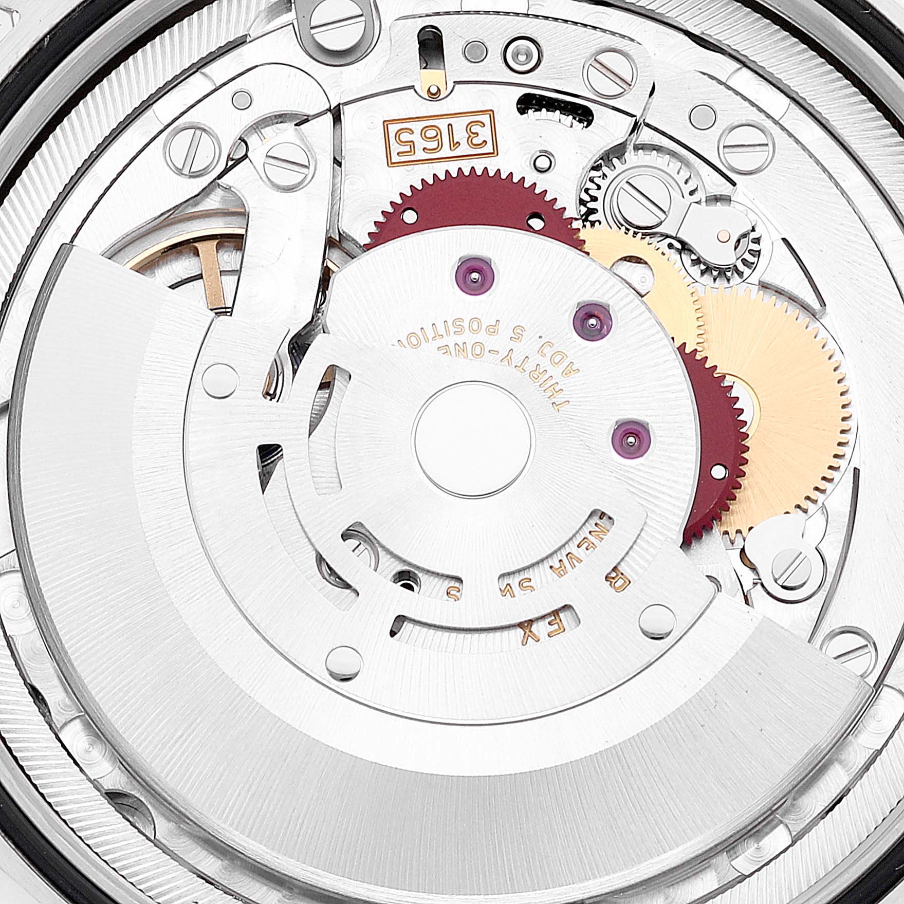 This image shows a close-up, top-down view of the movement mechanism of a Rolex Cellini 50519 Men's White Gold Blue Dial 50519 Men's White Gold Blue Dial watch.