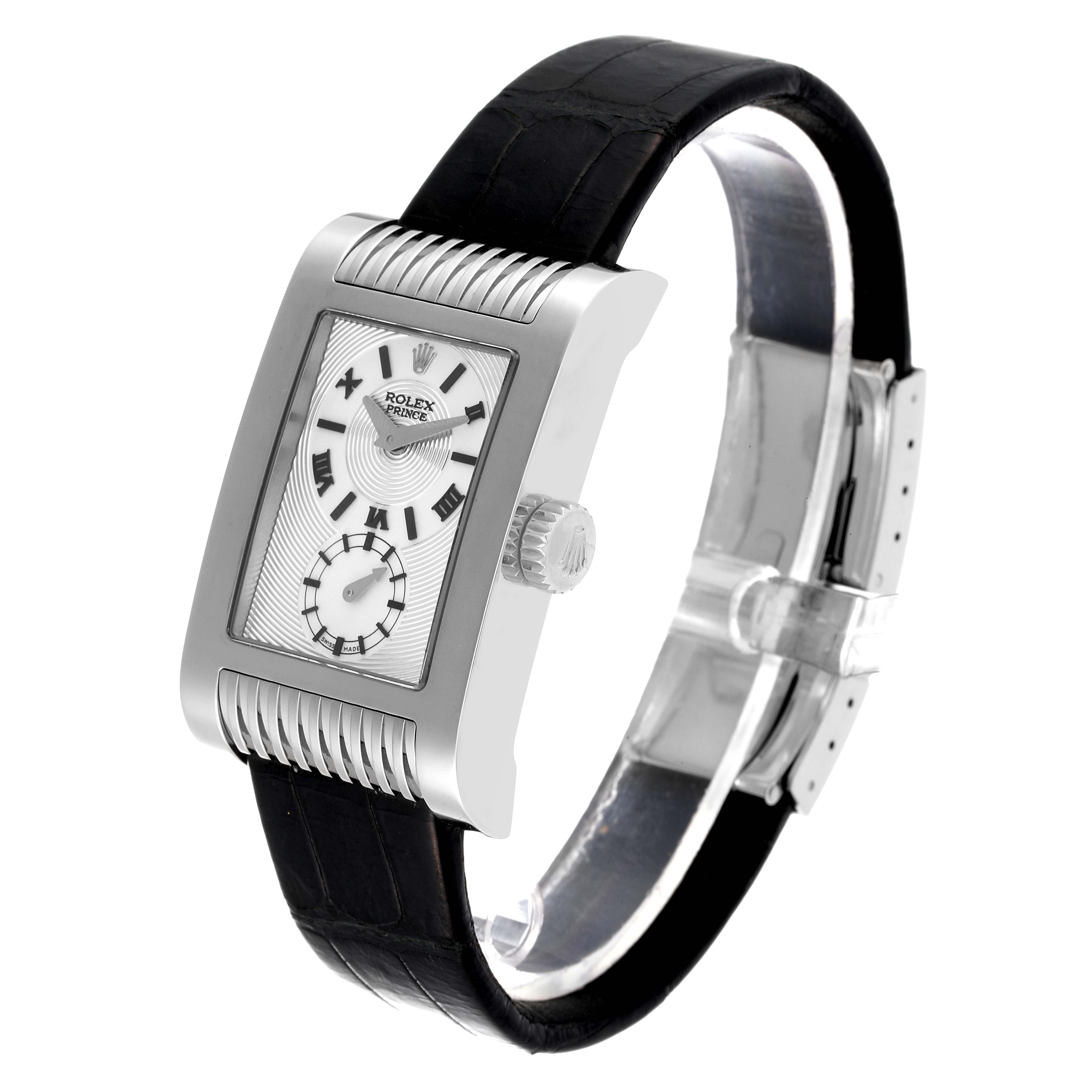 The Rolex Cellini 5441/9 Men
s White Gold Silver Dial 5441/9 Men
s White Gold Silver Dial watch is shown at a three-quarter angle, featuring the face, crown, and leather strap.