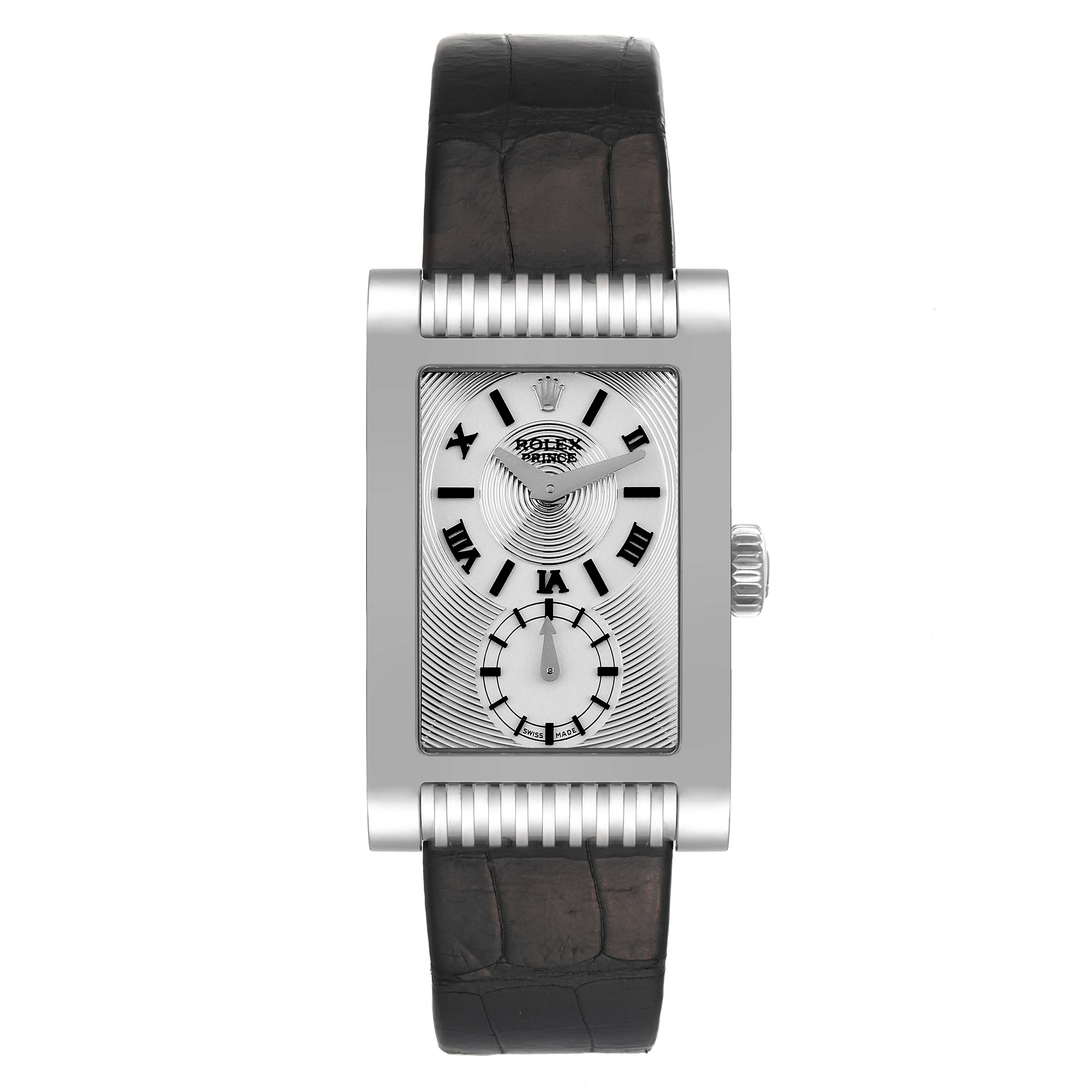 The image shows a front view of a Rolex Cellini 5441/9 Men
s White Gold Silver Dial 5441/9 Men
s White Gold Silver Dial watch with a rectangular dial and leather strap.