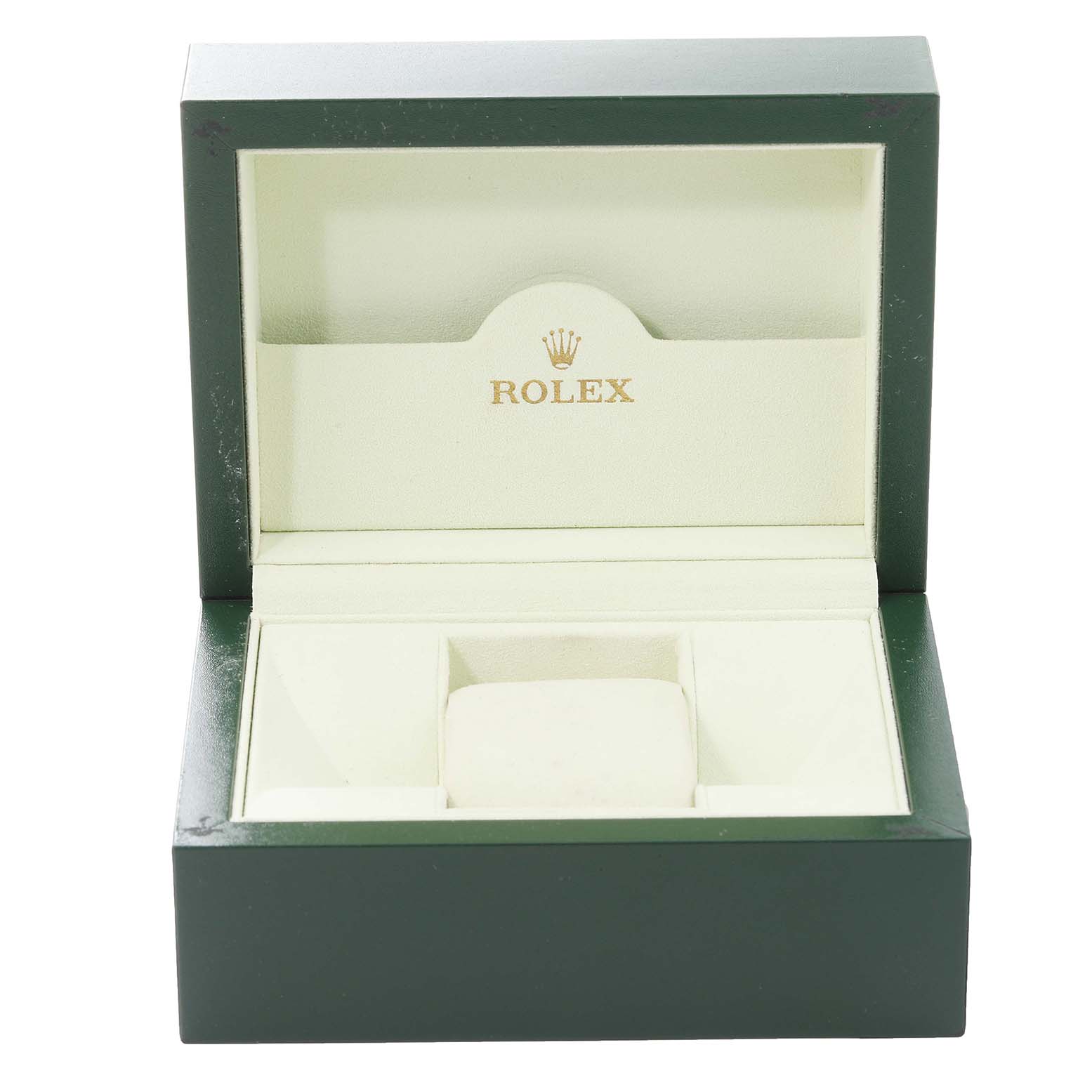 This is an open jewelry box for a Rolex Cellini 5441/9 Men
s White Gold Silver Dial 5441/9 Men
s White Gold Silver Dial model, showing the interior compartments and cushion.