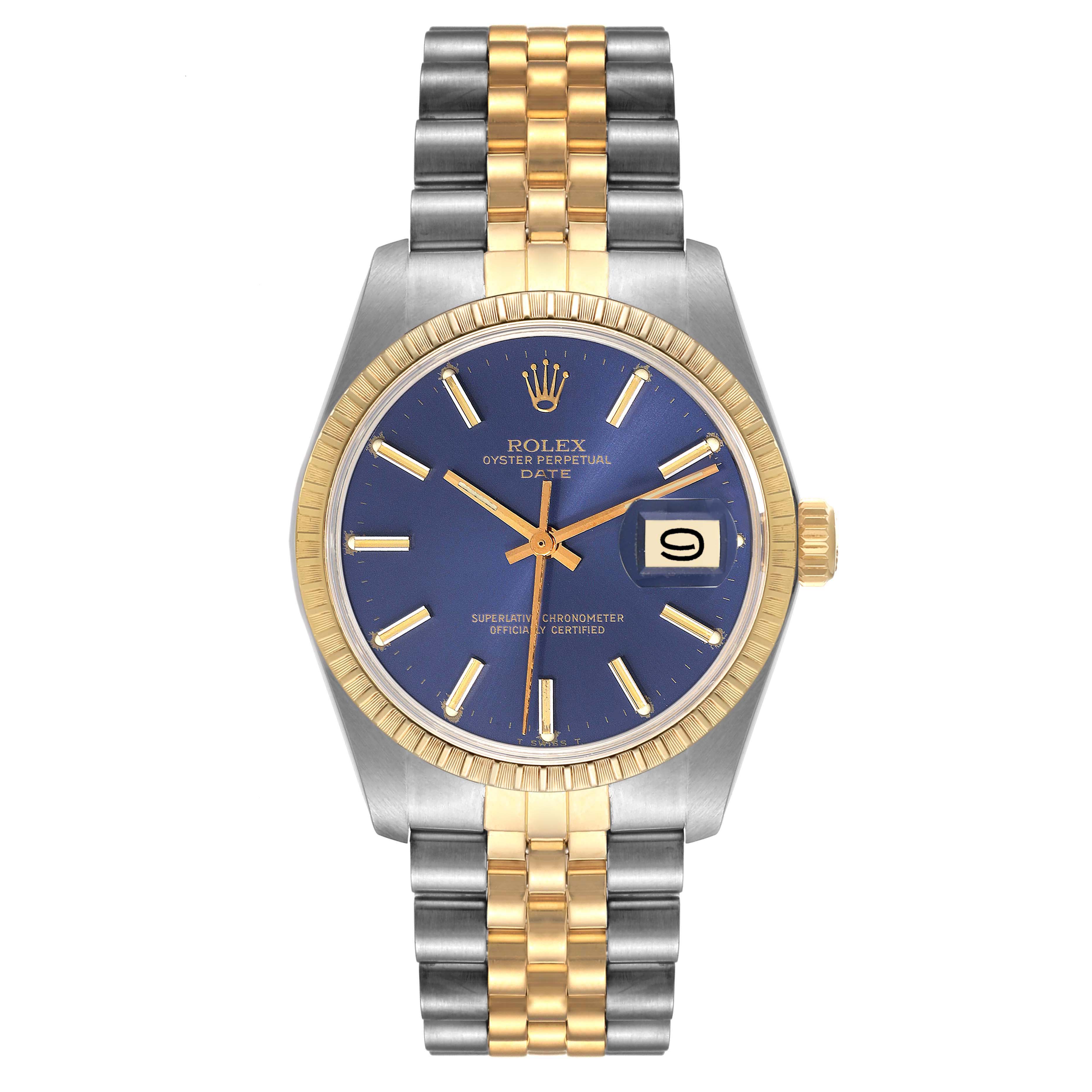 This is a front view of the Rolex Vintage Collection 1505 Men's Steel and Gold (two tone) Blue Dial 1505 Men's Steel and Gold (two tone) Blue Dial model, highlighting its blue dial, gold and silver bezel, and two-tone bracelet.