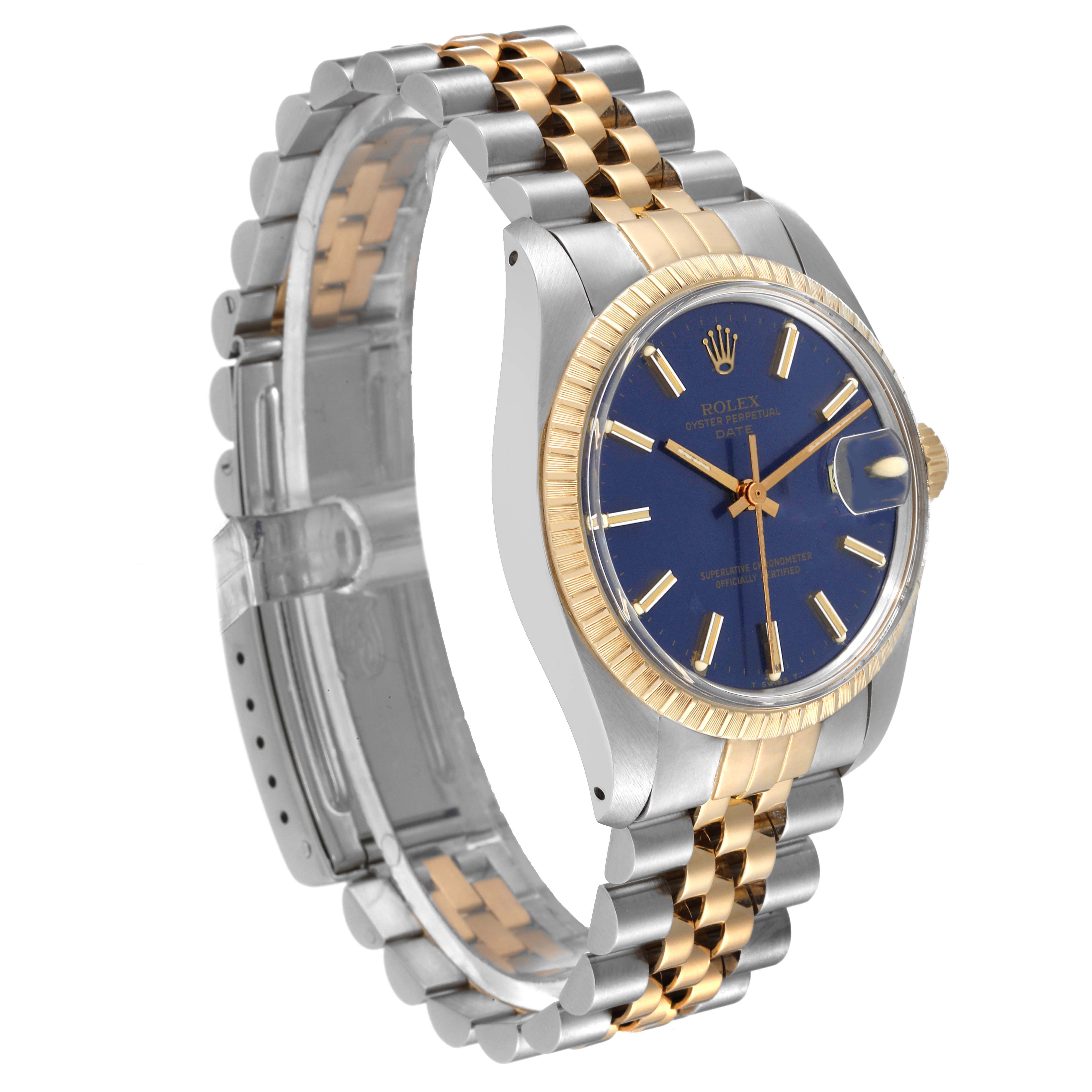 This image shows a Rolex Vintage Collection 1505 Men's Steel and Gold (two tone) Blue Dial 1505 Men's Steel and Gold (two tone) Blue Dial watch at a 3/4 angle, highlighting its two-tone bracelet, blue dial, and fluted bezel.