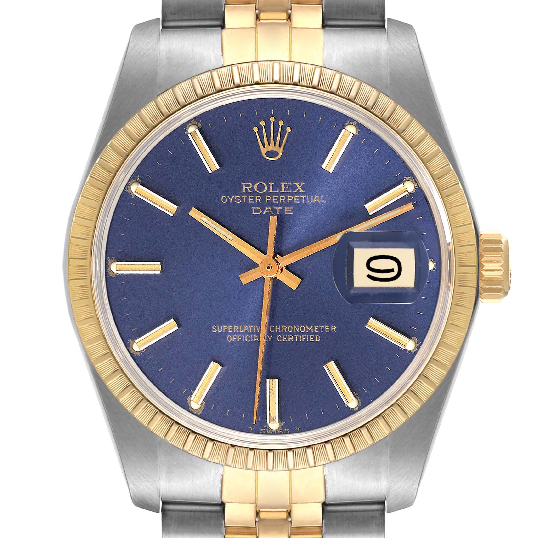 The image shows a front-facing Rolex Vintage Collection 1505 Men's Steel and Gold (two tone) Blue Dial 1505 Men's Steel and Gold (two tone) Blue Dial Oyster Perpetual Date watch with gold and silver accents and a blue dial.