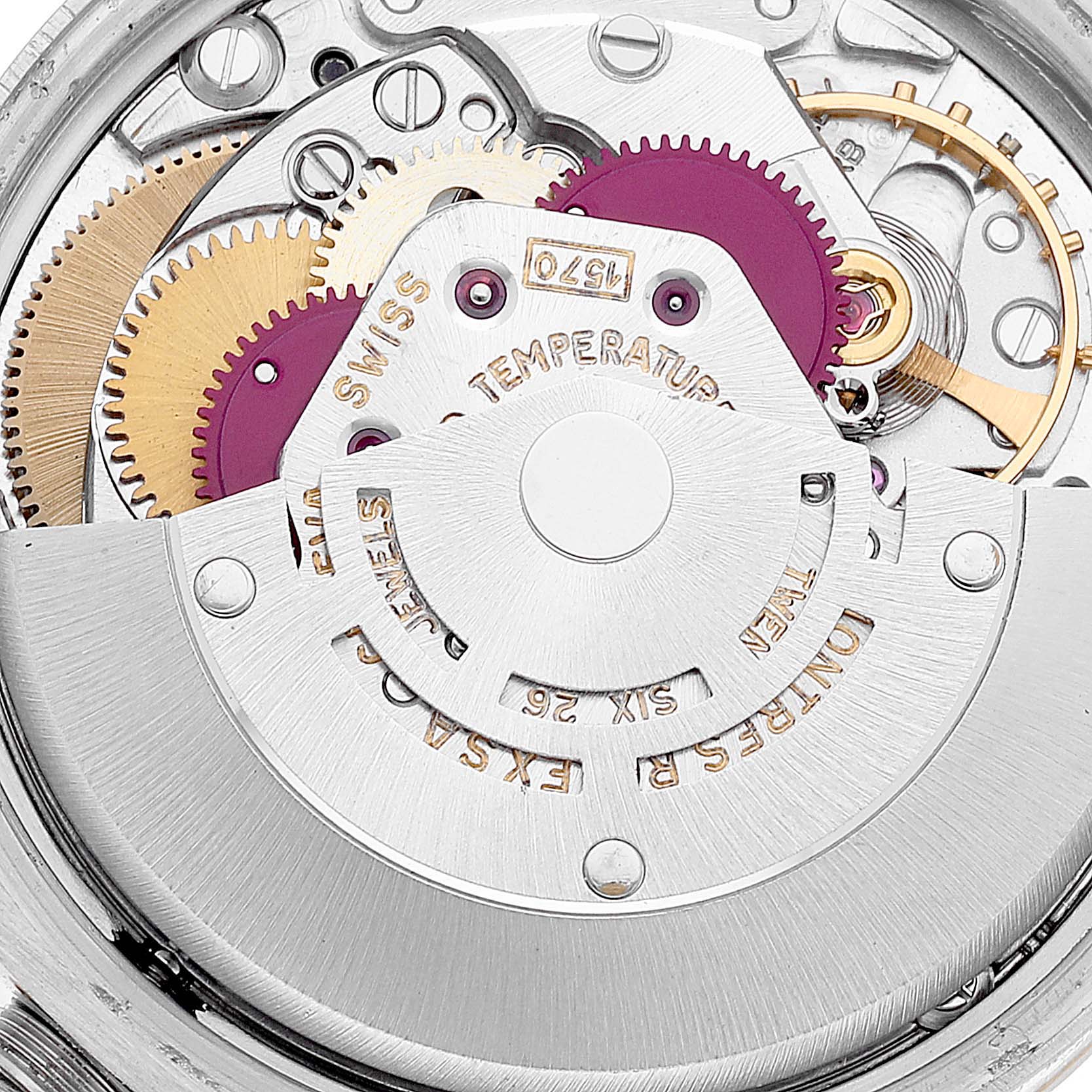 The image shows the movement and internal mechanism of a Rolex Vintage Collection 1505 Men's Steel and Gold (two tone) Blue Dial 1505 Men's Steel and Gold (two tone) Blue Dial watch from a close-up, top-down angle.