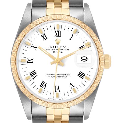 The Rolex Date 15223 Men's Steel and Gold (two tone) White Dial model is shown from the front, highlighting its bezel, dial, hands, bracelet, and date window.