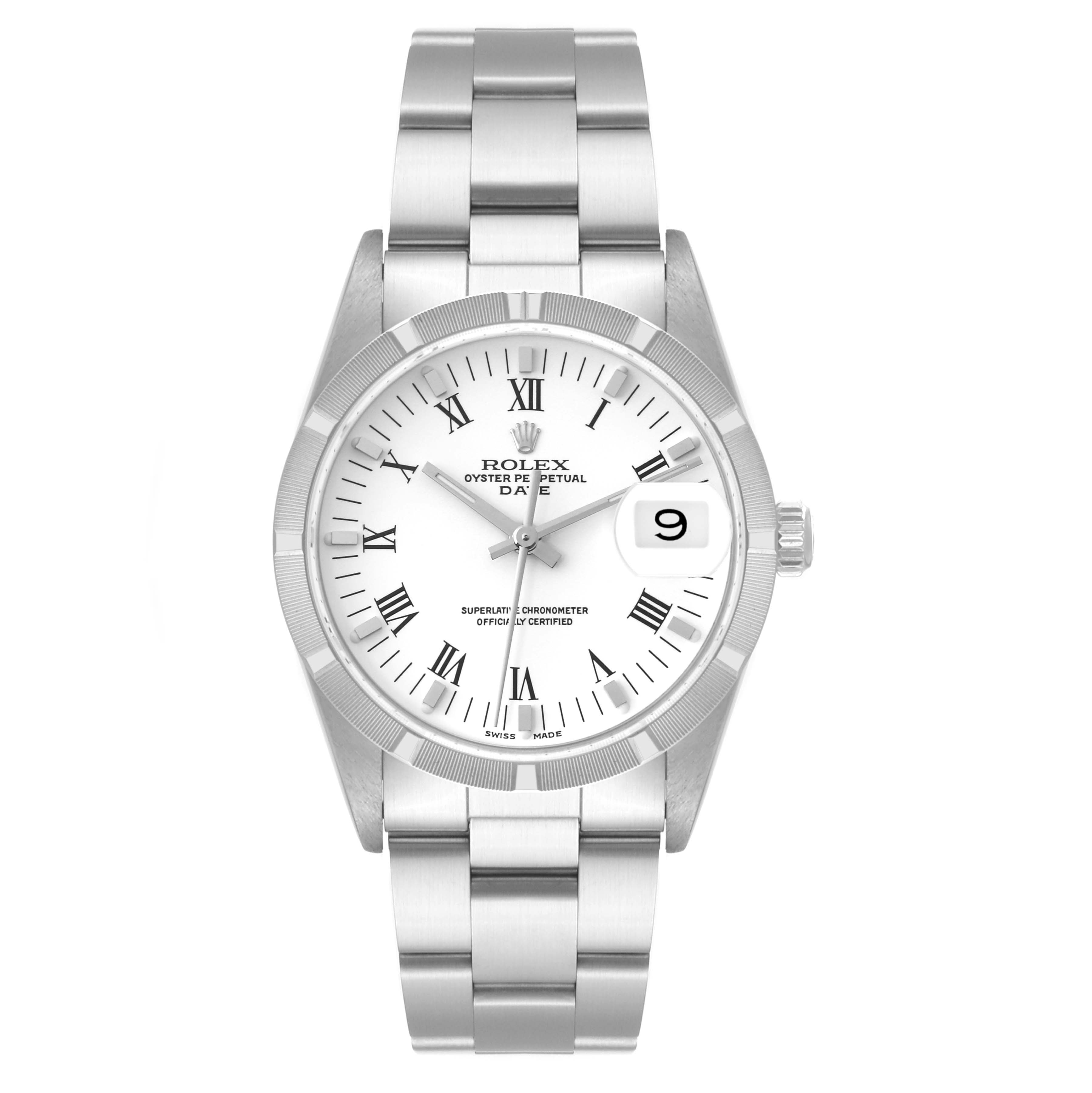 The image shows a frontal view of a Rolex Date 15210 Men's Stainless Steel White Dial 15210 Men's Stainless Steel White Dial watch, including the dial, hour markers, bezel, and bracelet.