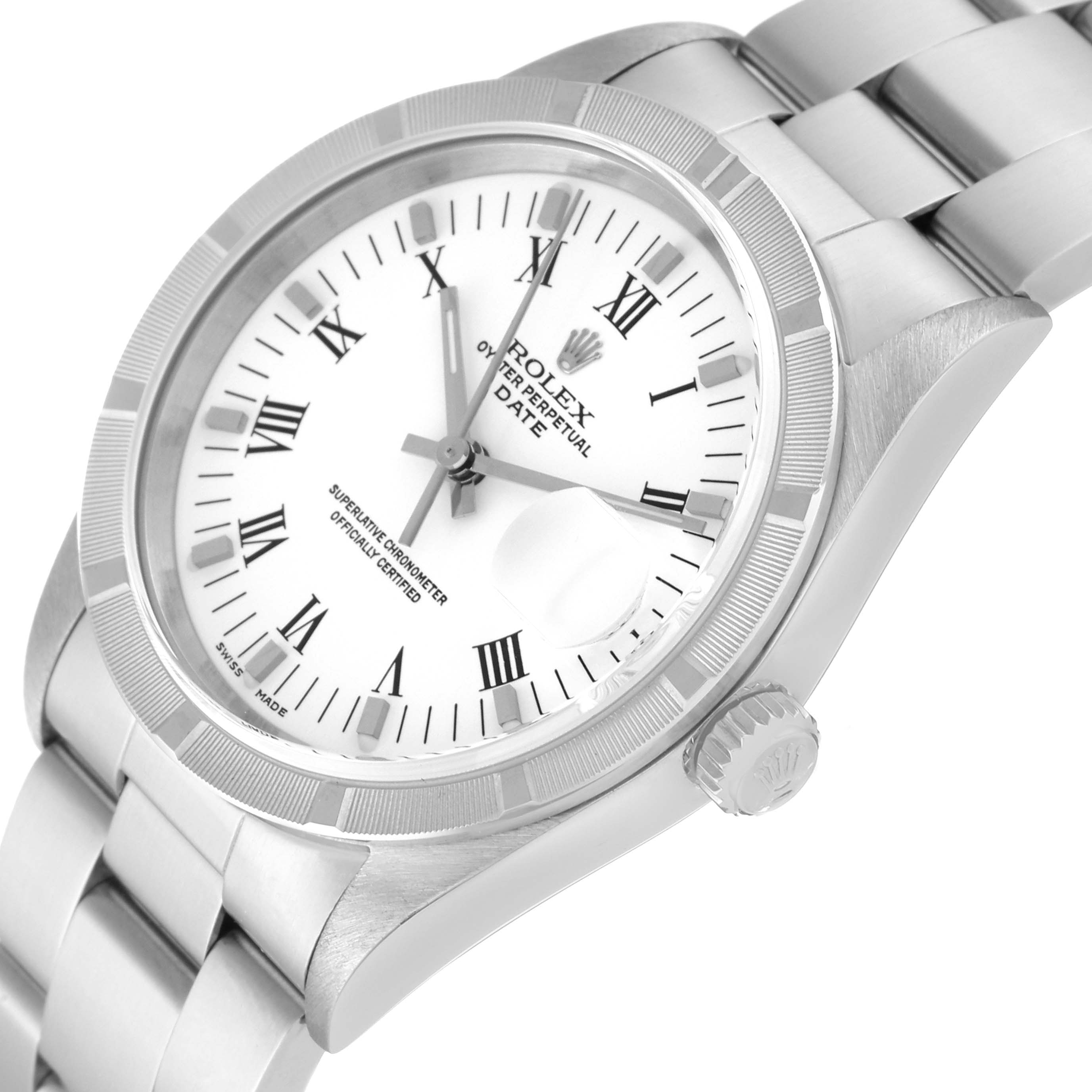 This image shows a Rolex Date 15210 Men's Stainless Steel White Dial 15210 Men's Stainless Steel White Dial model watch from a slightly angled top-down perspective, highlighting the dial, bezel, case, and bracelet.