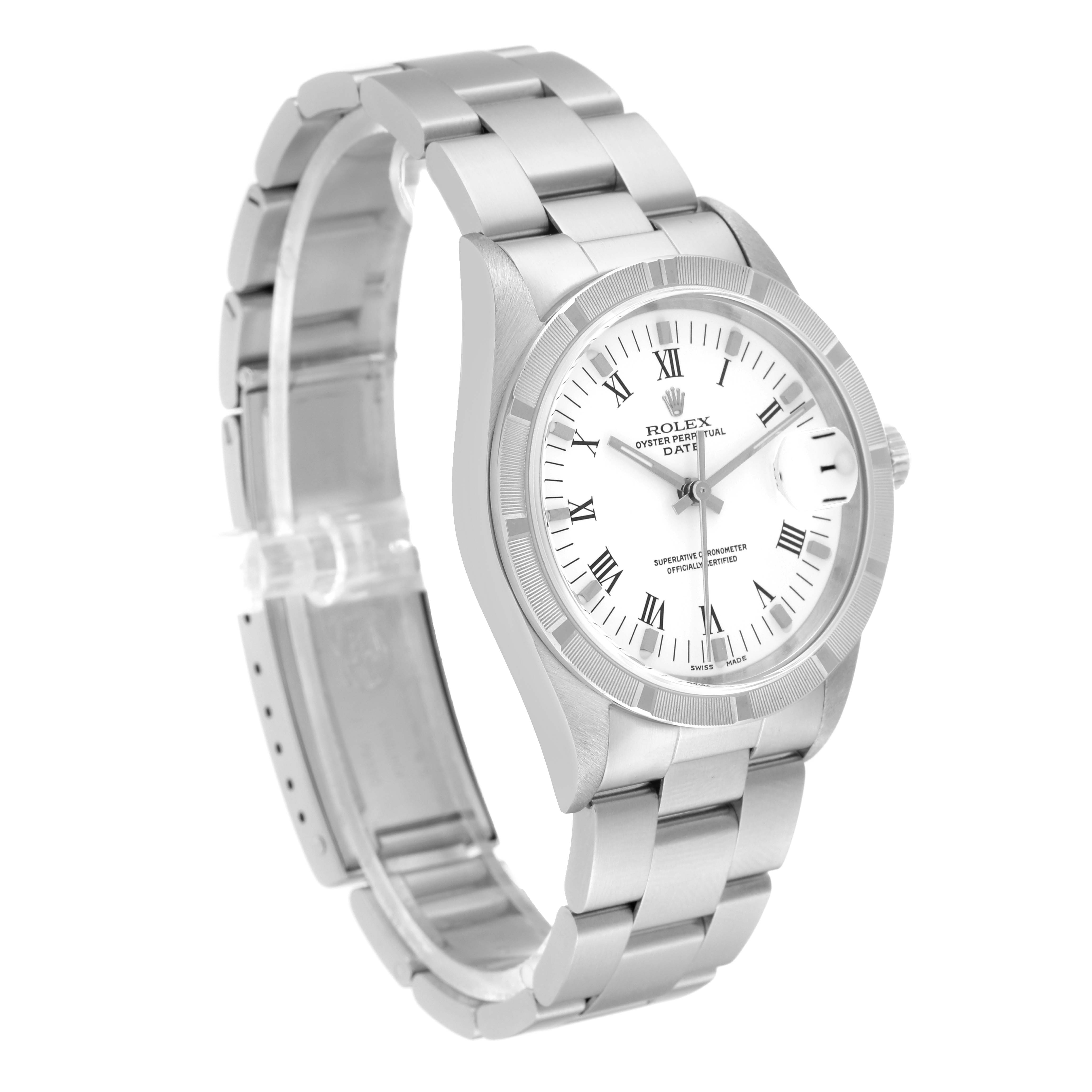 The Rolex Date 15210 Men's Stainless Steel White Dial 15210 Men's Stainless Steel White Dial watch is shown at a slight angle displaying its face, bezel, and bracelet.