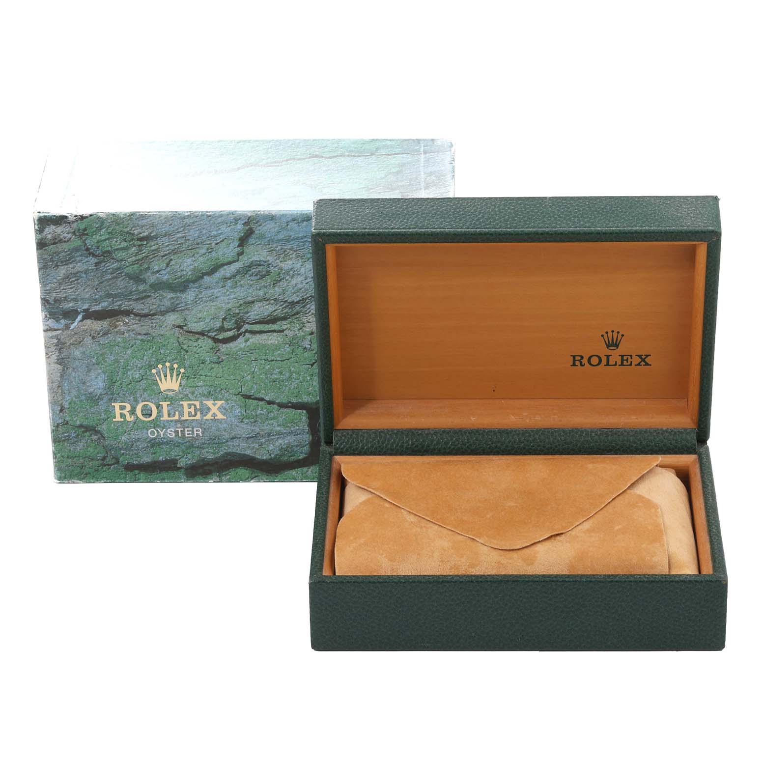 The image shows a green Rolex box and case for the Date model watch by Rolex, presented from a front angle.