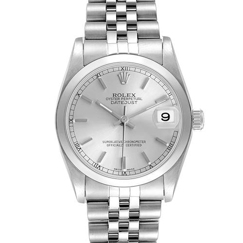 The Rolex Datejust 78240 Women's Stainless Steel Silver Dial watch is shown from a front angle, highlighting the dial, bracelet, bezel, and date window.
