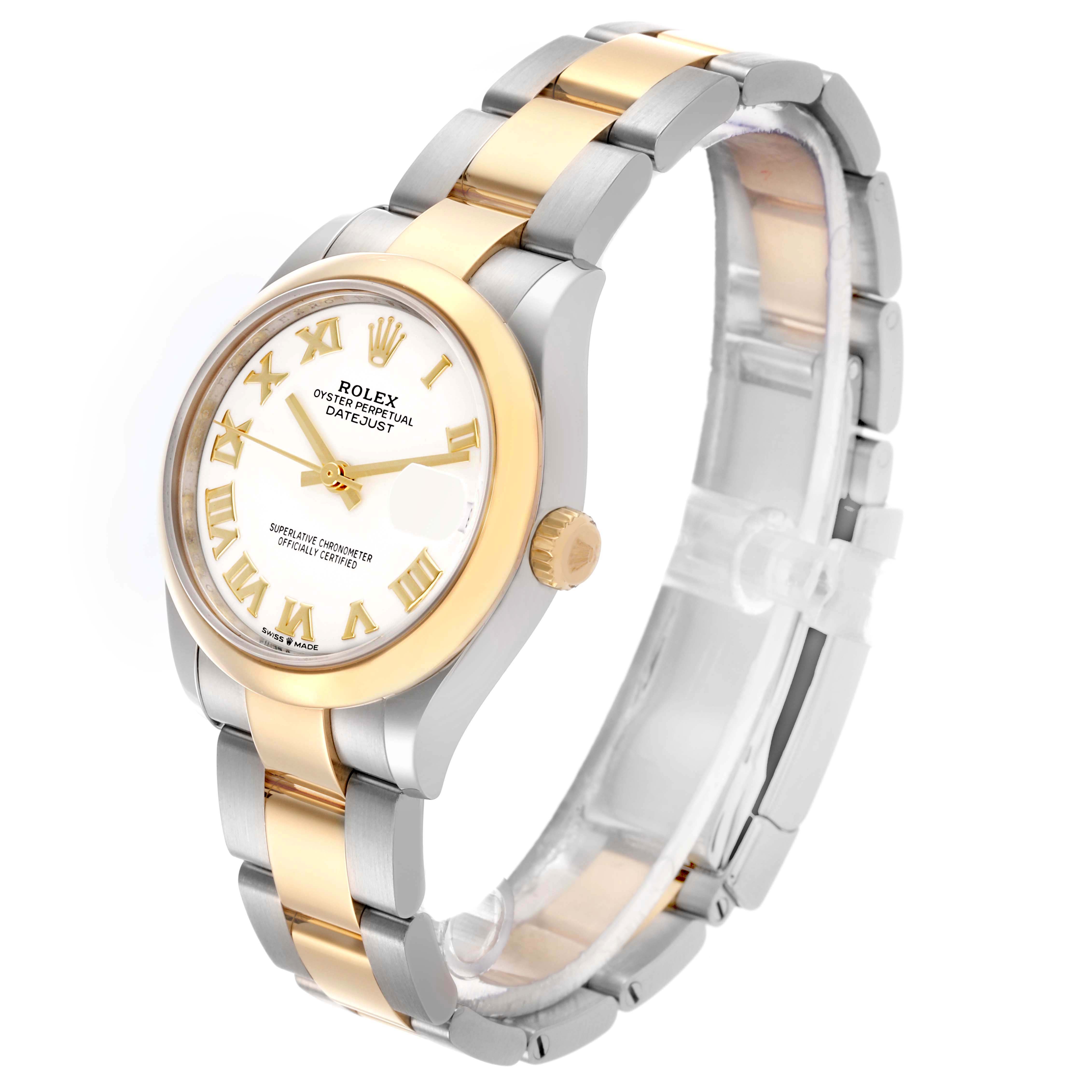 The Rolex Mid-Size 278243 Women's Steel and Gold (two tone) White Dial 278243 Women's Steel and Gold (two tone) White Dial watch is shown at a slight angle, featuring its gold and silver bracelet, bezel, and Roman numeral dial.