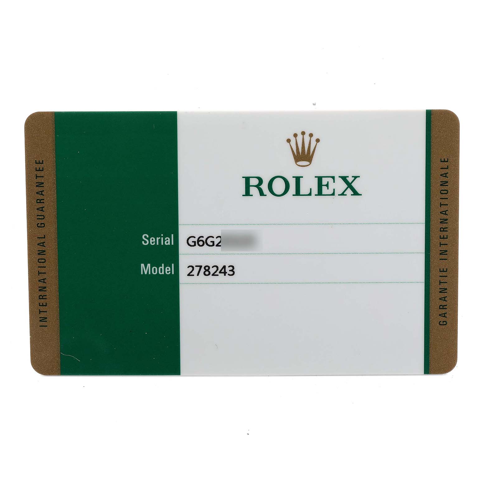 This image shows a Rolex warranty card for the Mid-Size model 278243.