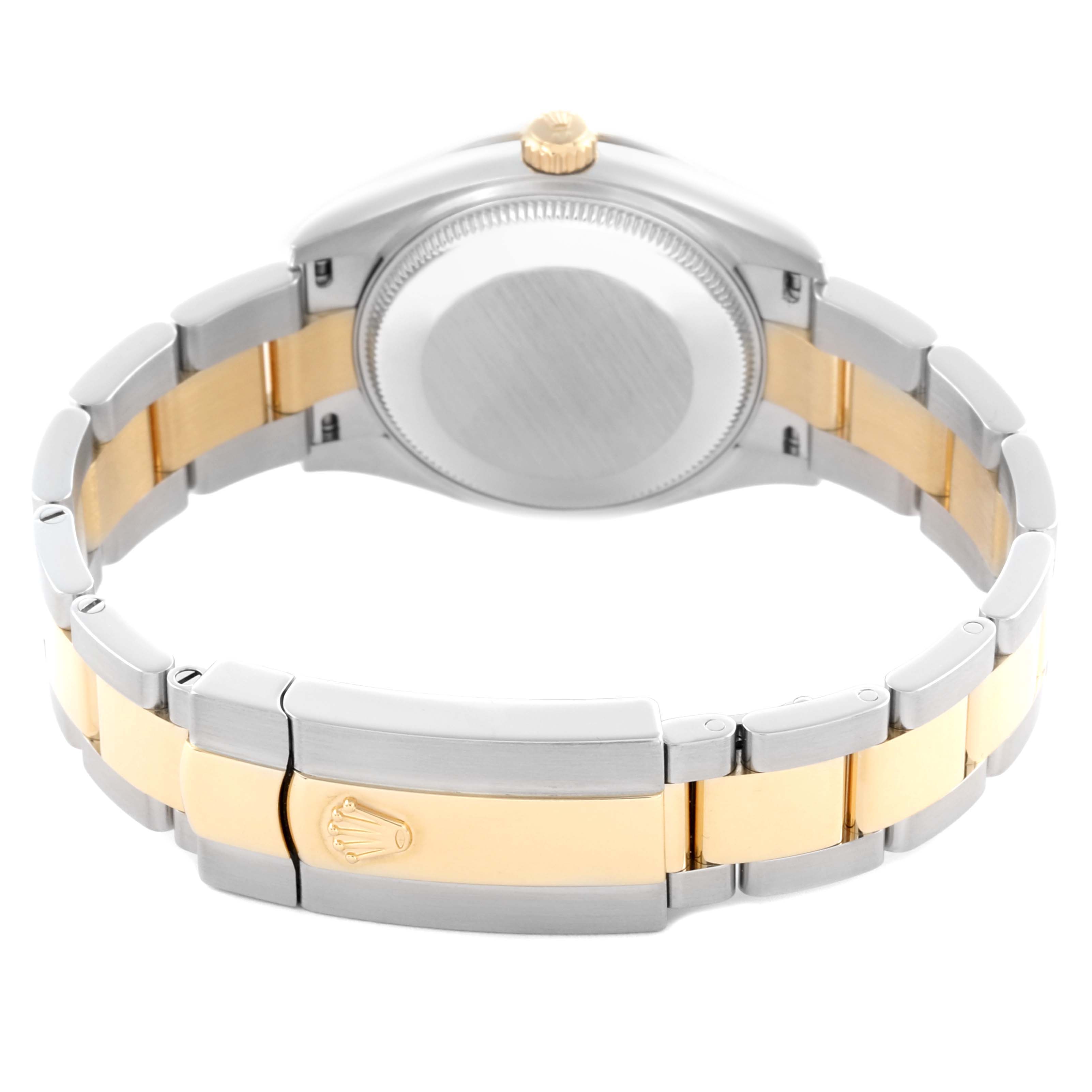 The image shows the back and bracelet of a mid-size Rolex watch, highlighting the two-tone links and clasp.