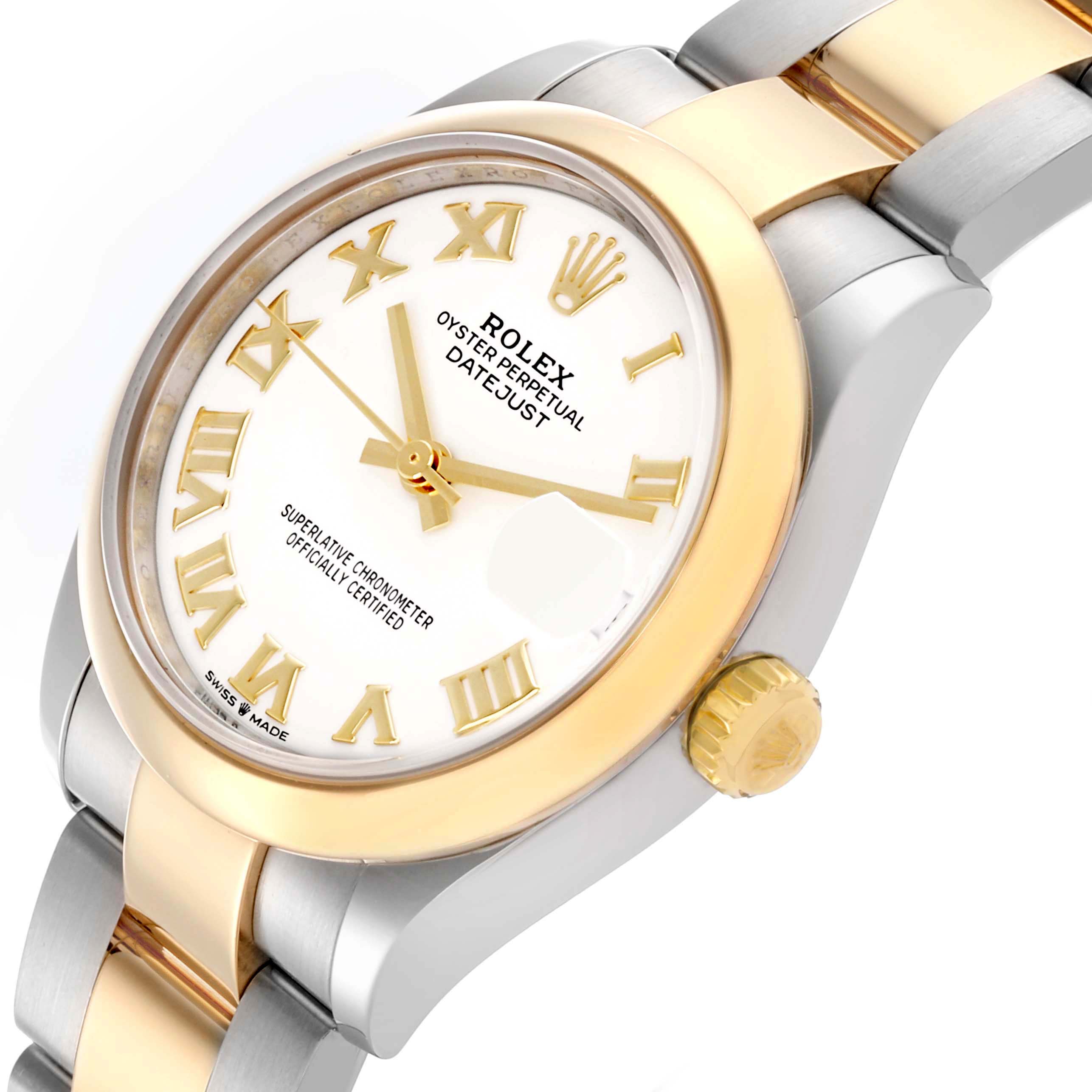 The Rolex Mid-Size 278243 Women's Steel and Gold (two tone) White Dial 278243 Women's Steel and Gold (two tone) White Dial watch is shown at an angled view, highlighting its dial, crown, and part of the bracelet.