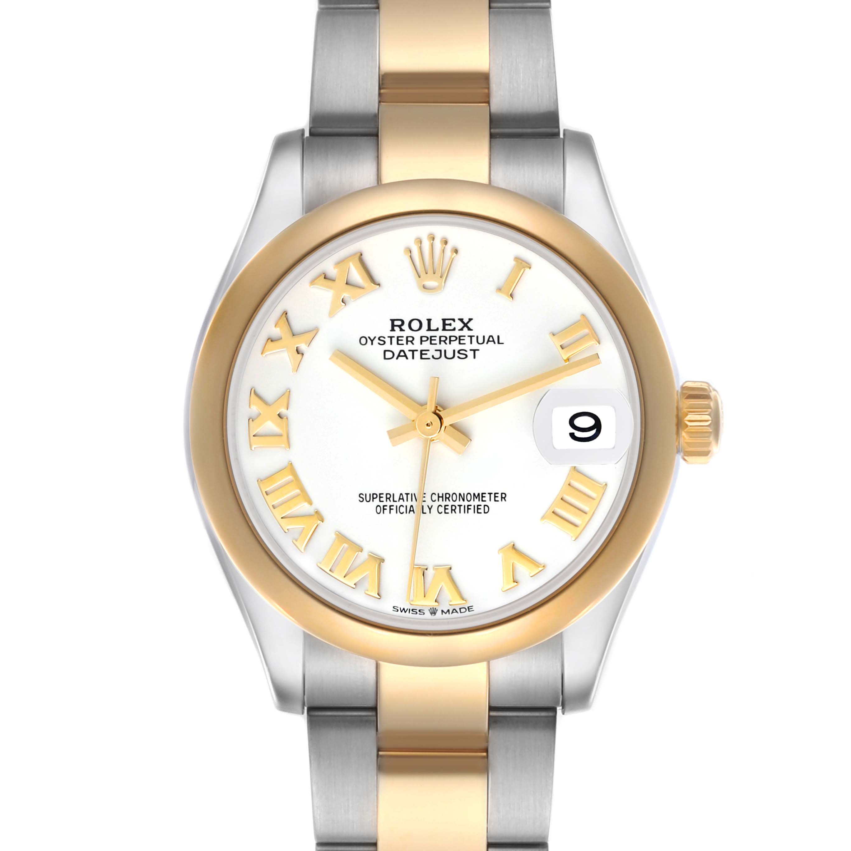 The Rolex Mid-Size 278243 Women's Steel and Gold (two tone) White Dial 278243 Women's Steel and Gold (two tone) White Dial is shown from a front angle, highlighting the dial, bezel, and clasp with two-tone bracelet.