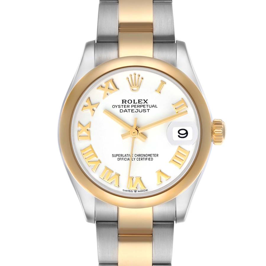 The Rolex Mid-Size is shown from a front angle, highlighting the dial, bezel, and clasp with two-tone bracelet.