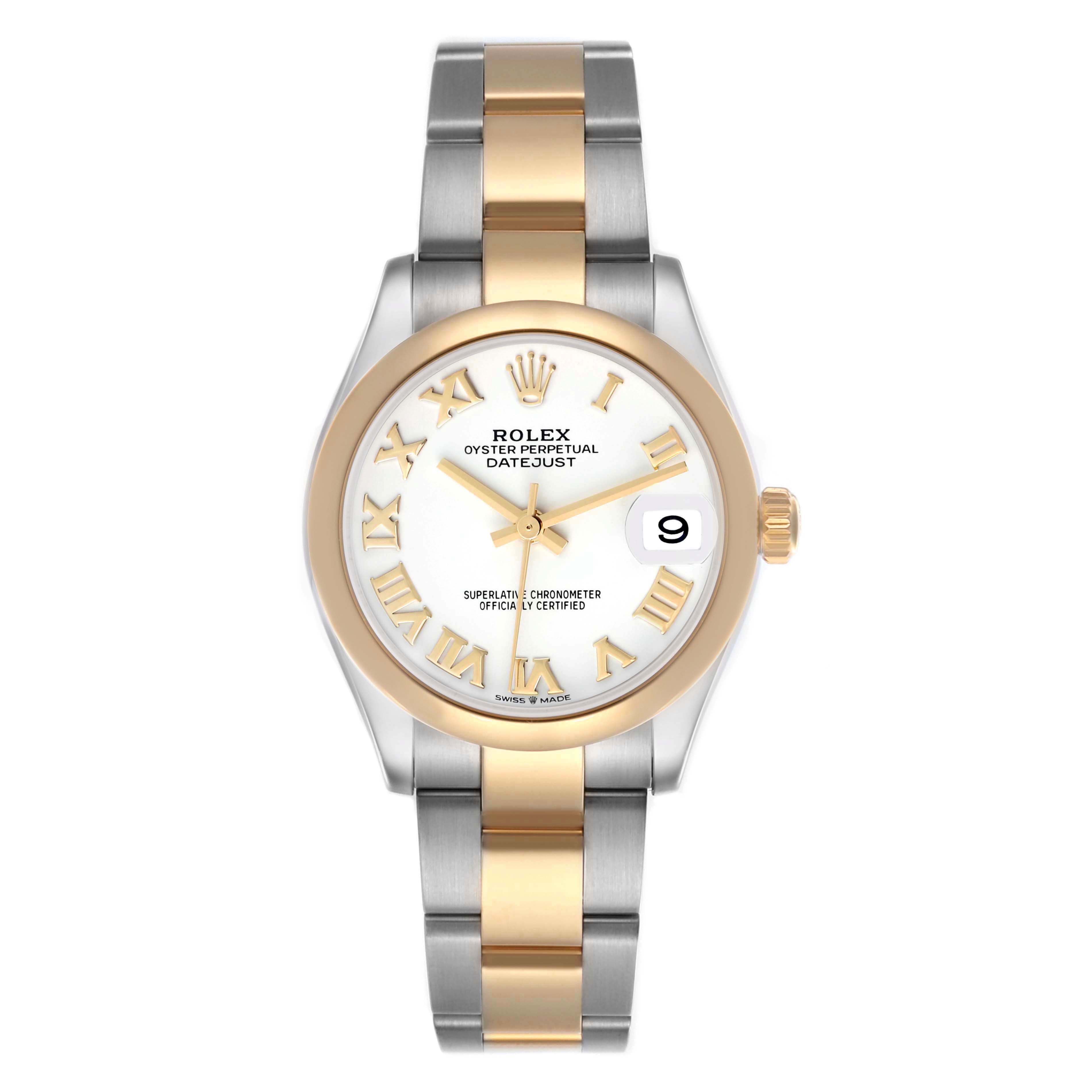 The Rolex Datejust Mid-Size watch is shown from a front angle, highlighting its bicolor band, dial, and fluted bezel.