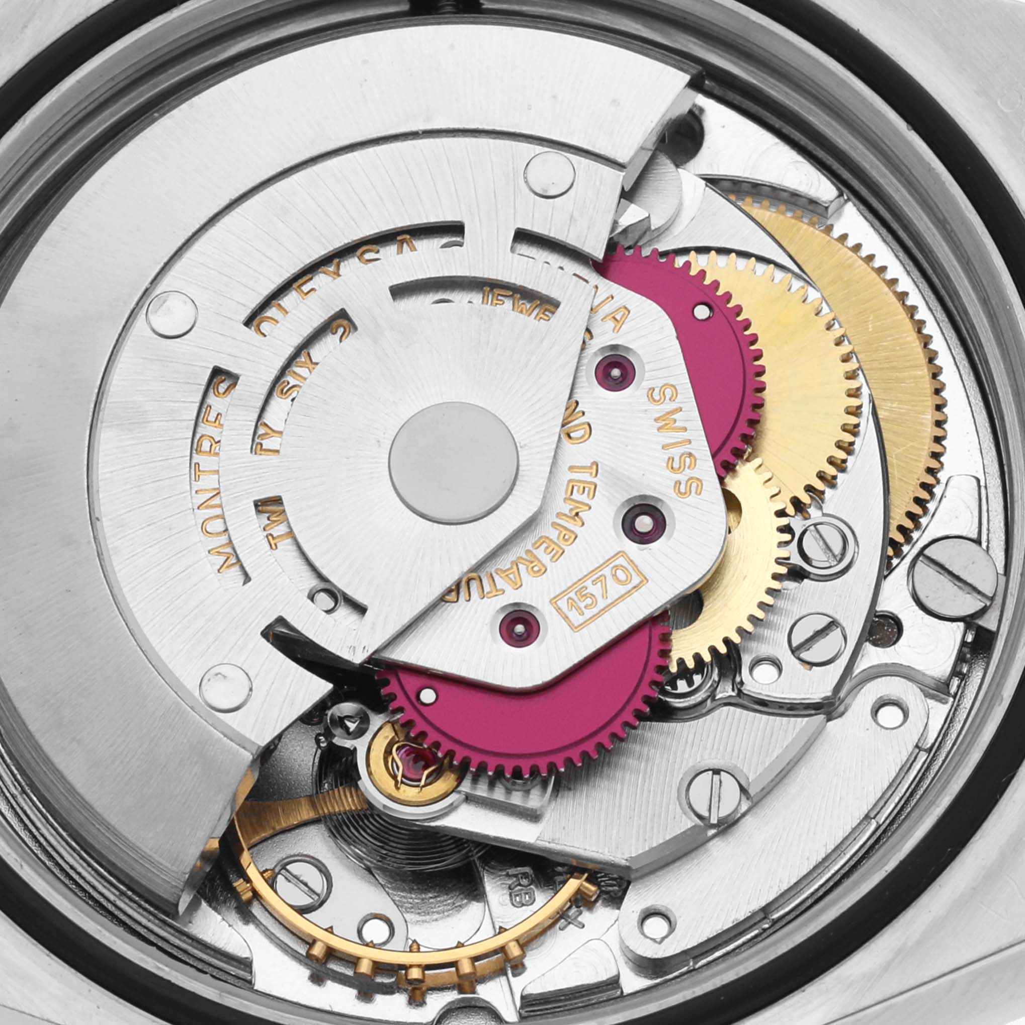 This image shows the intricate internal mechanics, gears, and components of the Rolex Vintage Collection 1630 Men's Steel and Gold (two tone) Champagne Dial 1630 Men's Steel and Gold (two tone) Champagne Dial model watch.