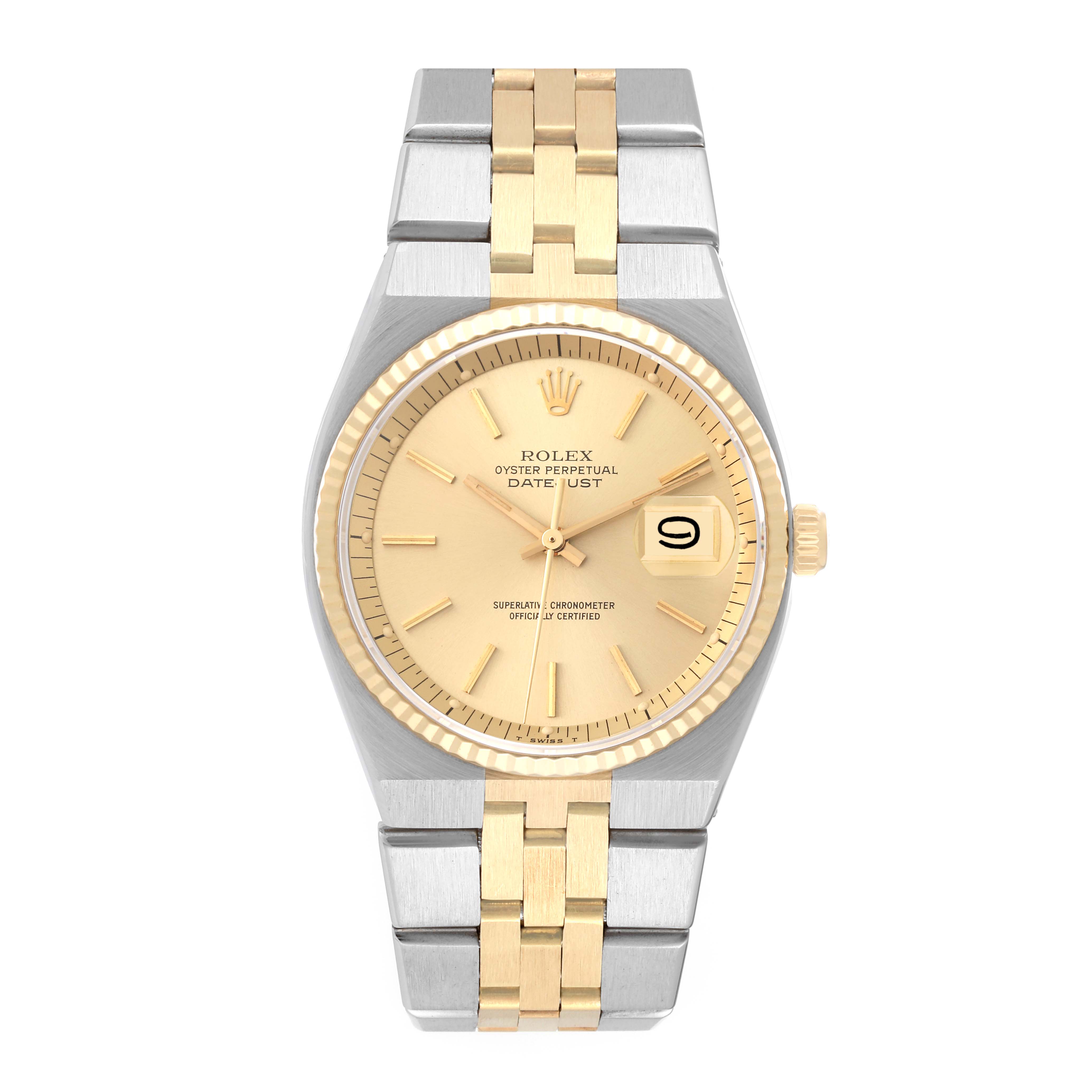 The Rolex Vintage Collection 1630 Men's Steel and Gold (two tone) Champagne Dial 1630 Men's Steel and Gold (two tone) Champagne Dial watch is shown from a front angle, displaying its face, bezel, crown, and bracelet.