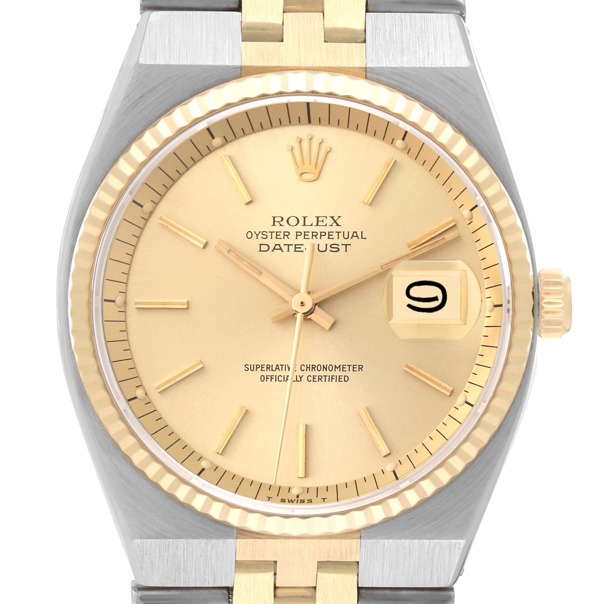 The Rolex Vintage Collection 1630 Men's Steel and Gold (two tone) Champagne Dial 1630 Men's Steel and Gold (two tone) Champagne Dial watch is shown from the front, displaying the face, dial, hands, bezel, and part of the bracelet.