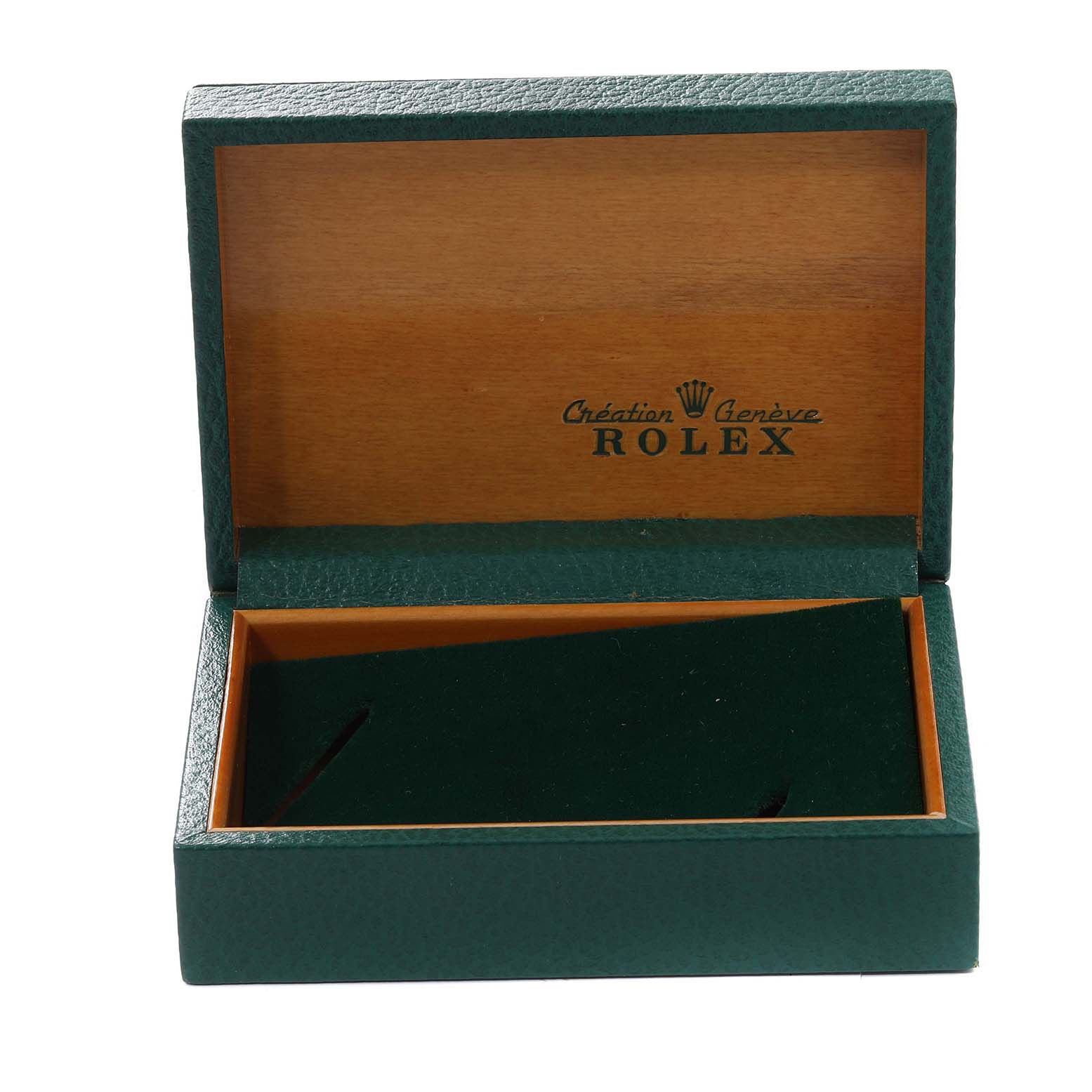 The image shows an open leather and wood presentation box for a Rolex Vintage Collection 1630 Men's Steel and Gold (two tone) Champagne Dial 1630 Men's Steel and Gold (two tone) Champagne Dial model.