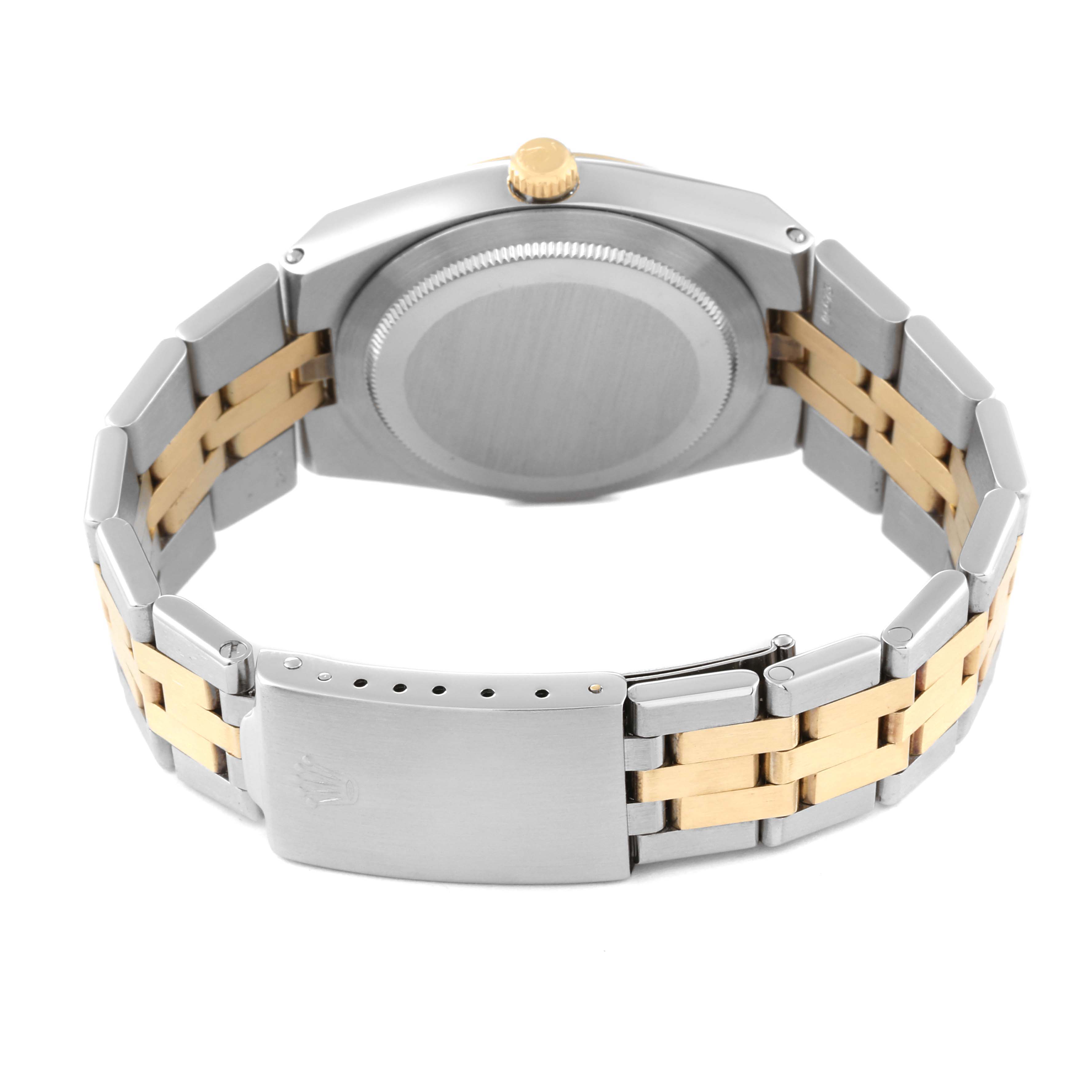 This image shows the back of a Rolex Vintage Collection 1630 Men's Steel and Gold (two tone) Champagne Dial 1630 Men's Steel and Gold (two tone) Champagne Dial watch, highlighting the case back and metal bracelet.